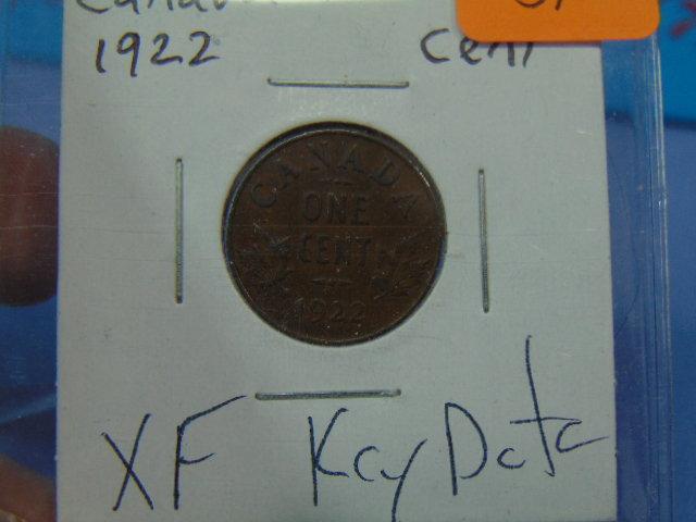 1922 Canada One Cent Coin - XF Key Date