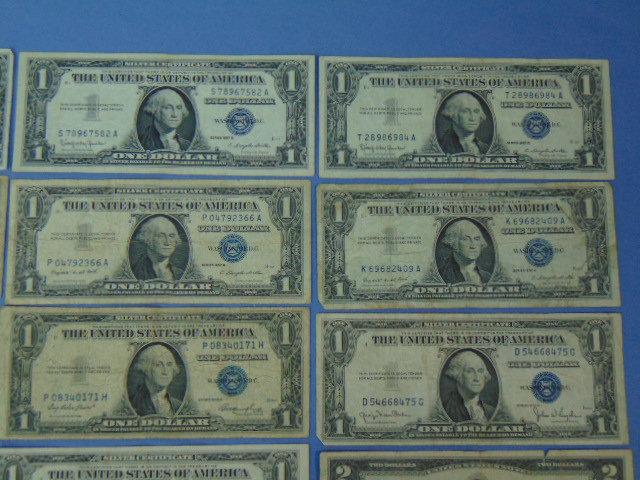 Lot of 13 US Notes - $1 & $5 Silver Certificates and $2 Bill