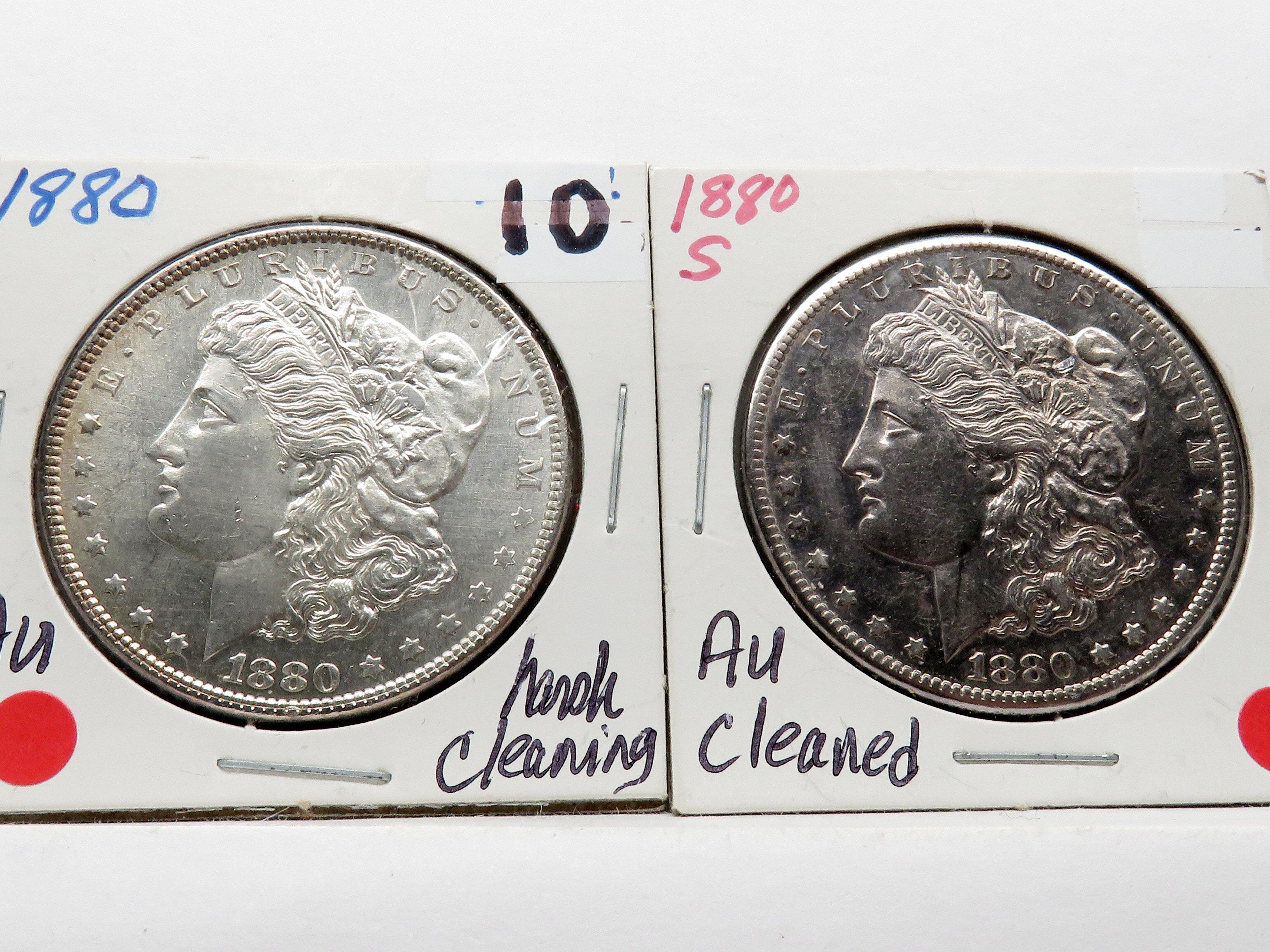 2 Morgan $ : 1880 AU harshly cleaned, 1880S AU cleaned