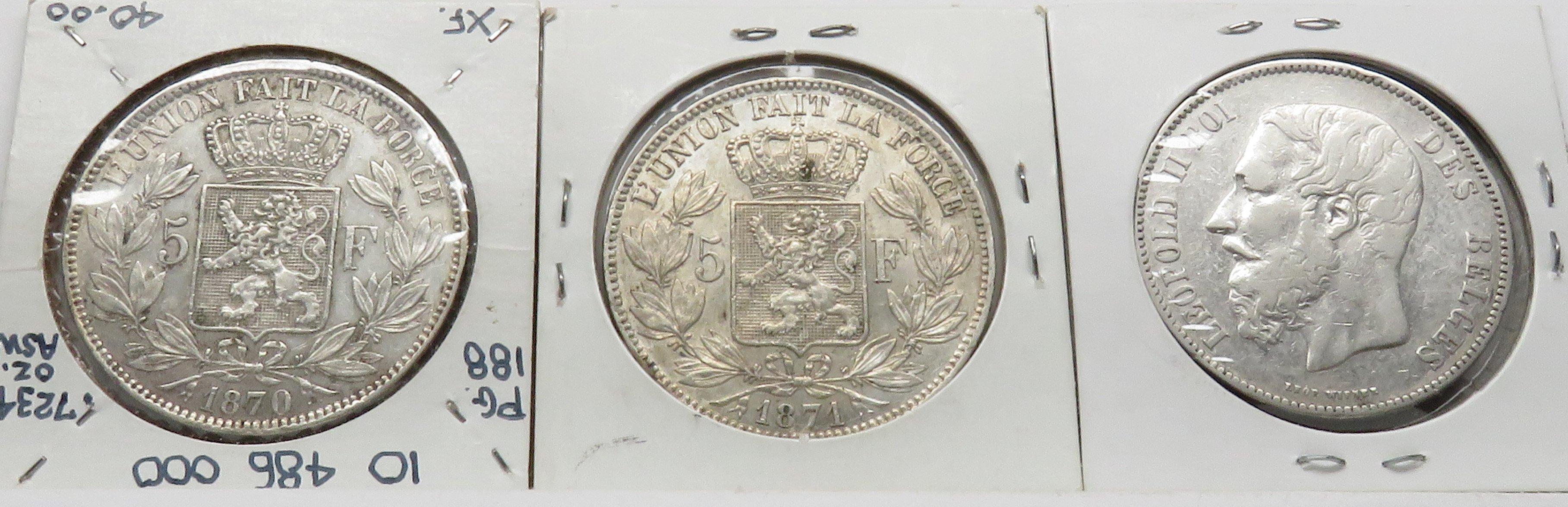 3 Silver 5 Franc Belgium: 1870, 1871, 1876