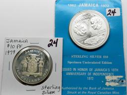 2 Jamaica Sterling Silver $10 Proof: 1972, 1979