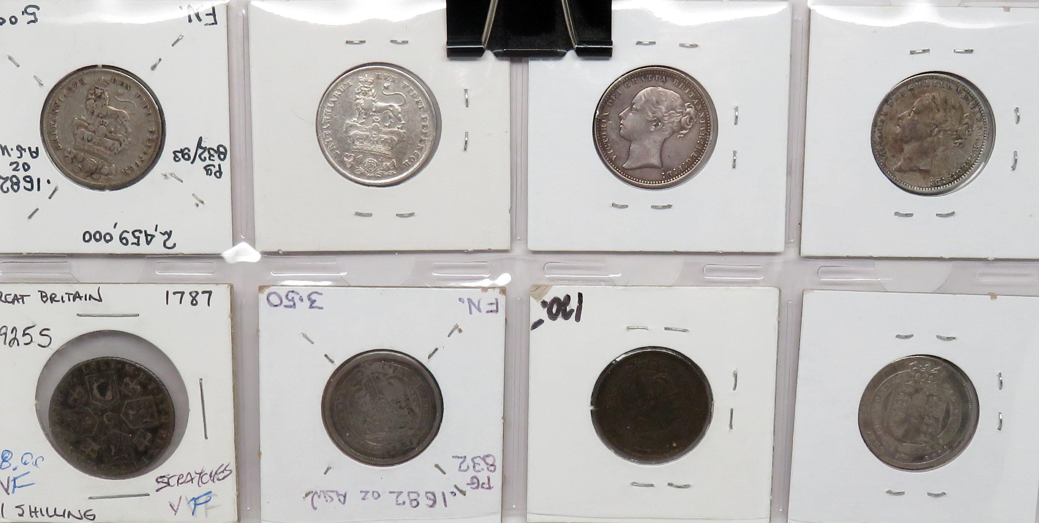 8 Great Britain .925 Silver 1 Shilling: 1787 scr, 1816, 17, 24, 25, 26, 74, 79