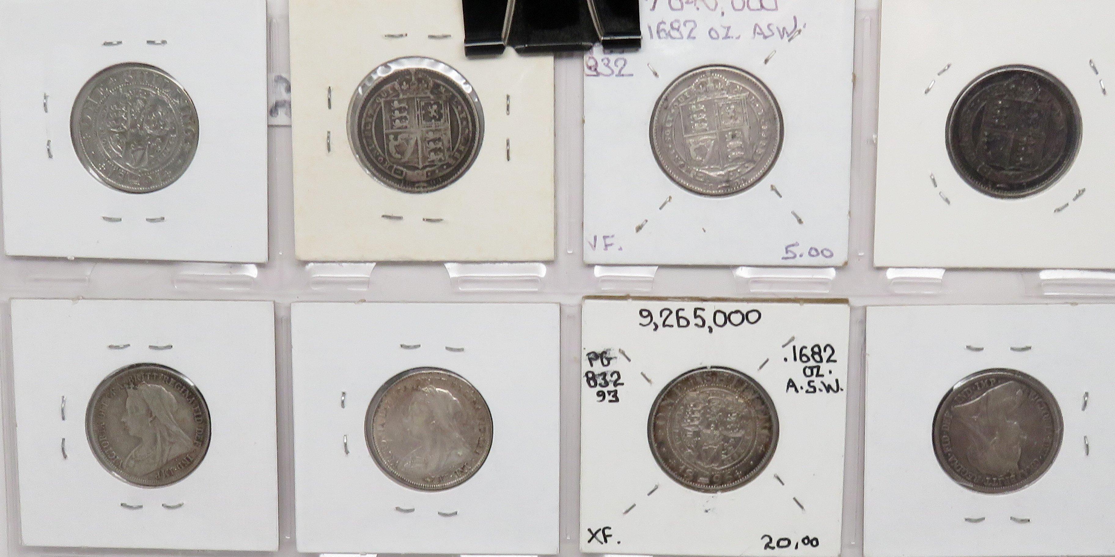 8 Great Britain Victoria .925 Silver 1 Shilling: 1887, 89, 90, 94, 95, 97, 98