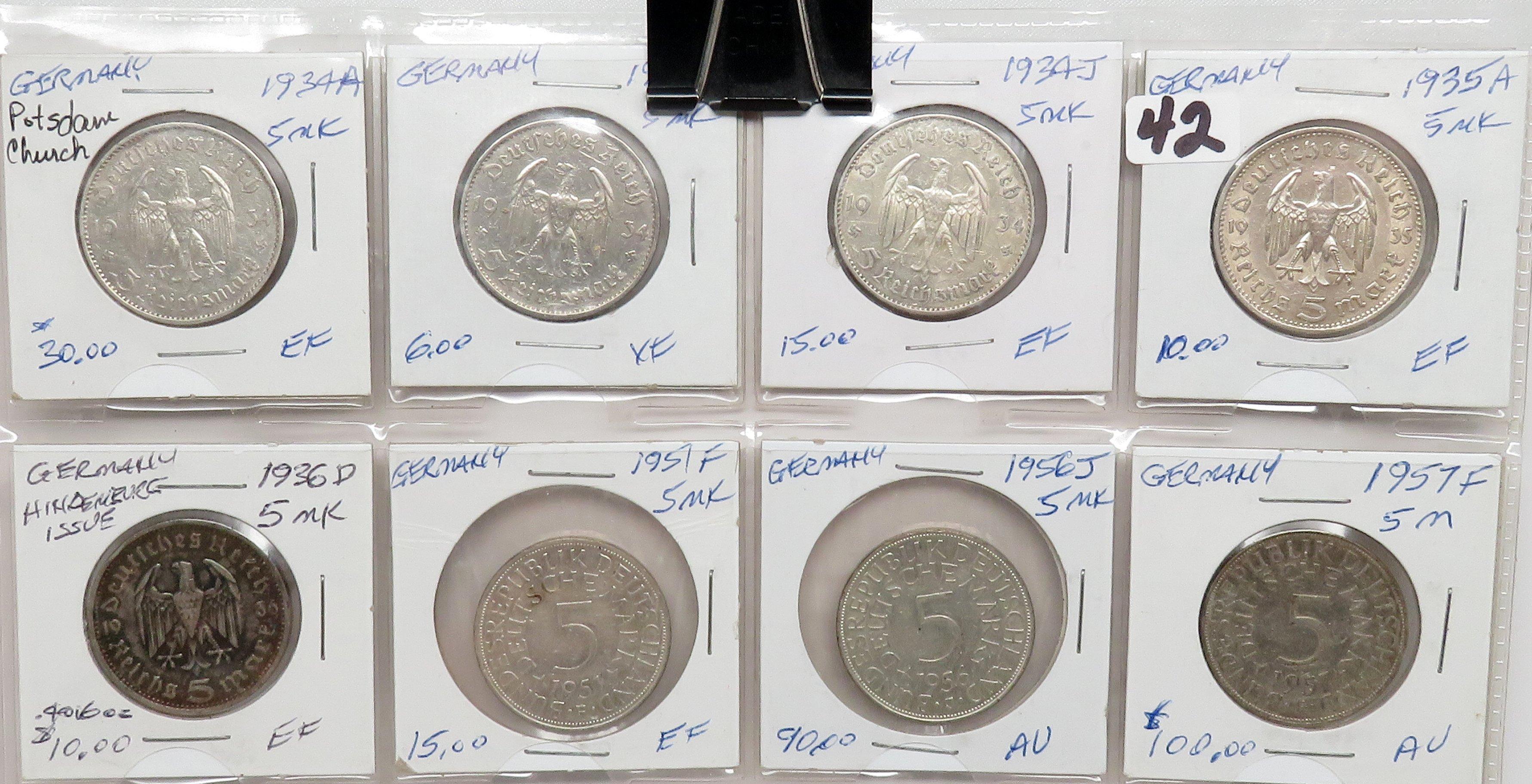 8 Silver German 5 Reichsmark: 1934A, D, J, 35A, 36D, 51F, 56J, 57F