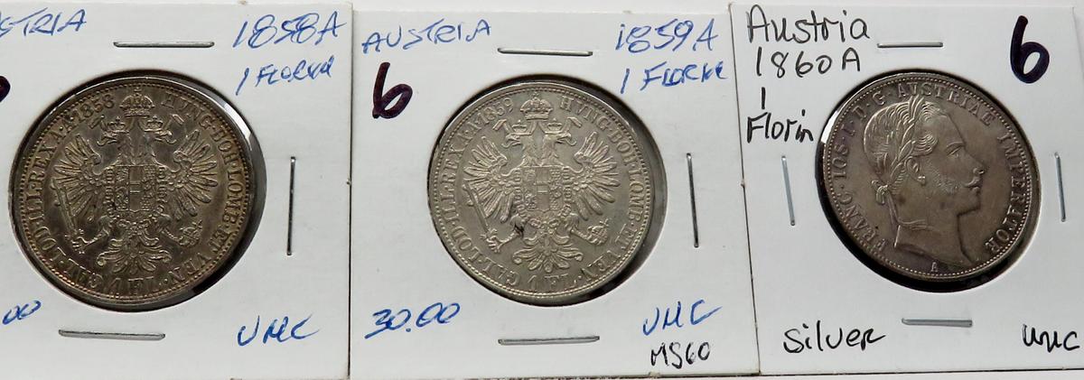 3 Austrian Silver 1 Florin Unc: 1858A, 1859A, 1860A