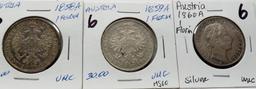 3 Austrian Silver 1 Florin Unc: 1858A, 1859A, 1860A