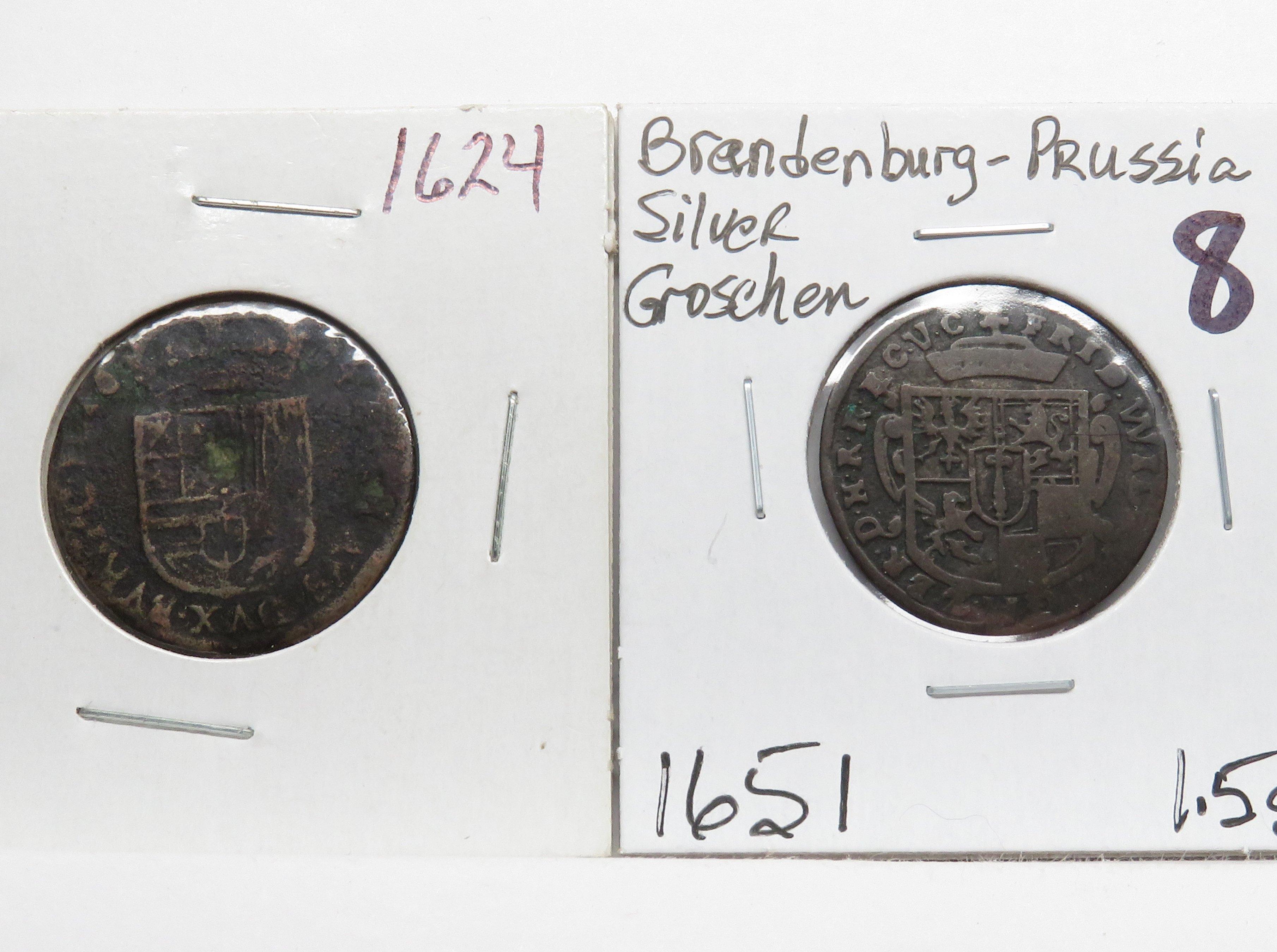 5 World Coins: 1624 Copper; 1651 Brandenburg-Prussia Silver Groschen; 1712 Holland Silver 2 Stuivers