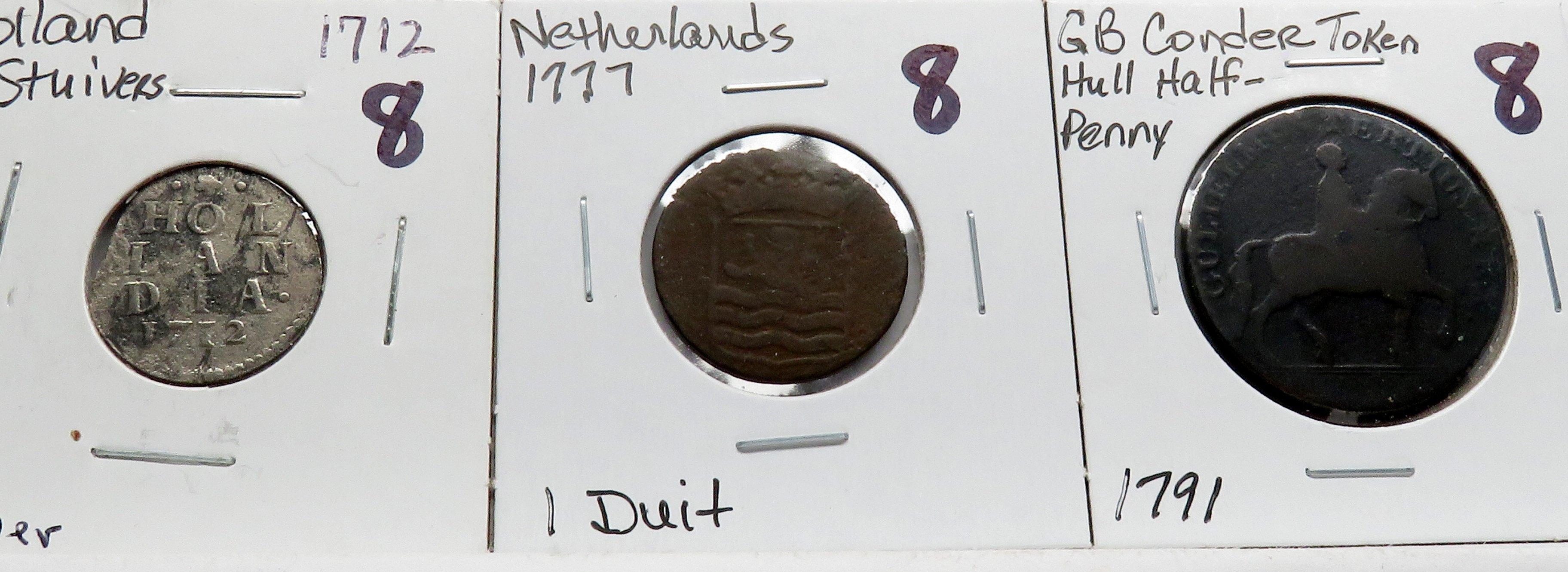5 World Coins: 1624 Copper; 1651 Brandenburg-Prussia Silver Groschen; 1712 Holland Silver 2 Stuivers