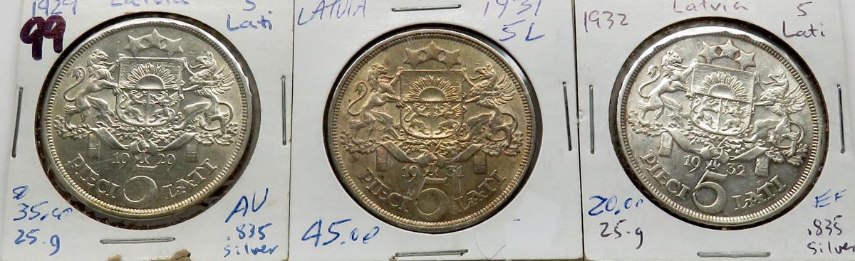 3 Latvia Silver 5 Lati, full series: 1929, 1931, 1932