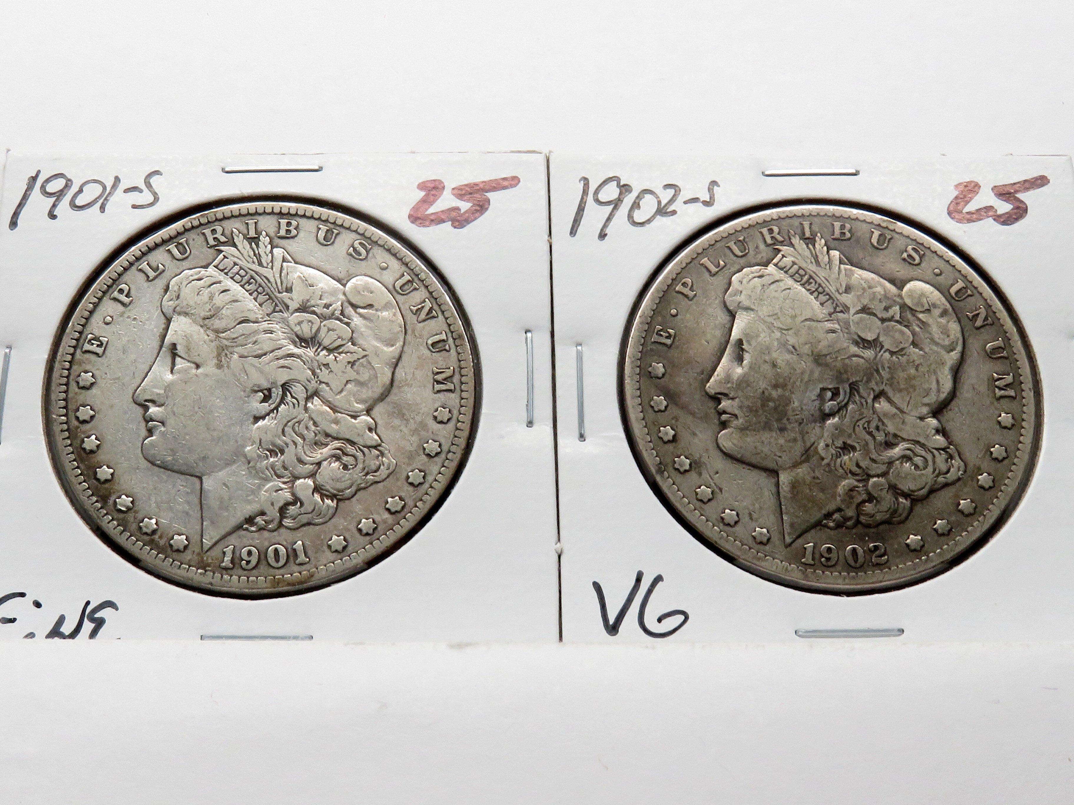 2 Morgan $ 1901-S Fine & 1902-S Very Good