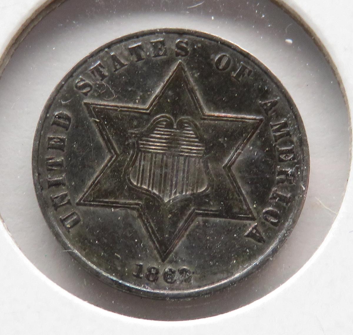 Silver Three Cent 1862 EF toned ?dipped