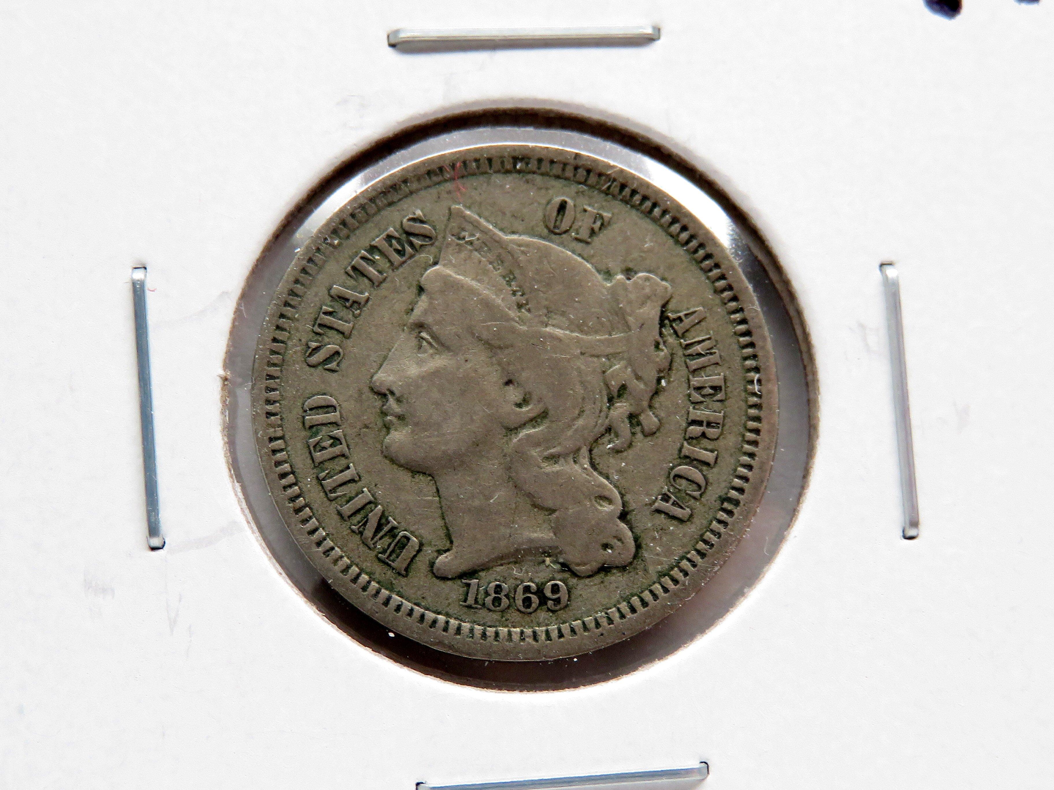 4 Nickel Three Cent: 1869 F, 70 VG, 71 VF, 72 VF