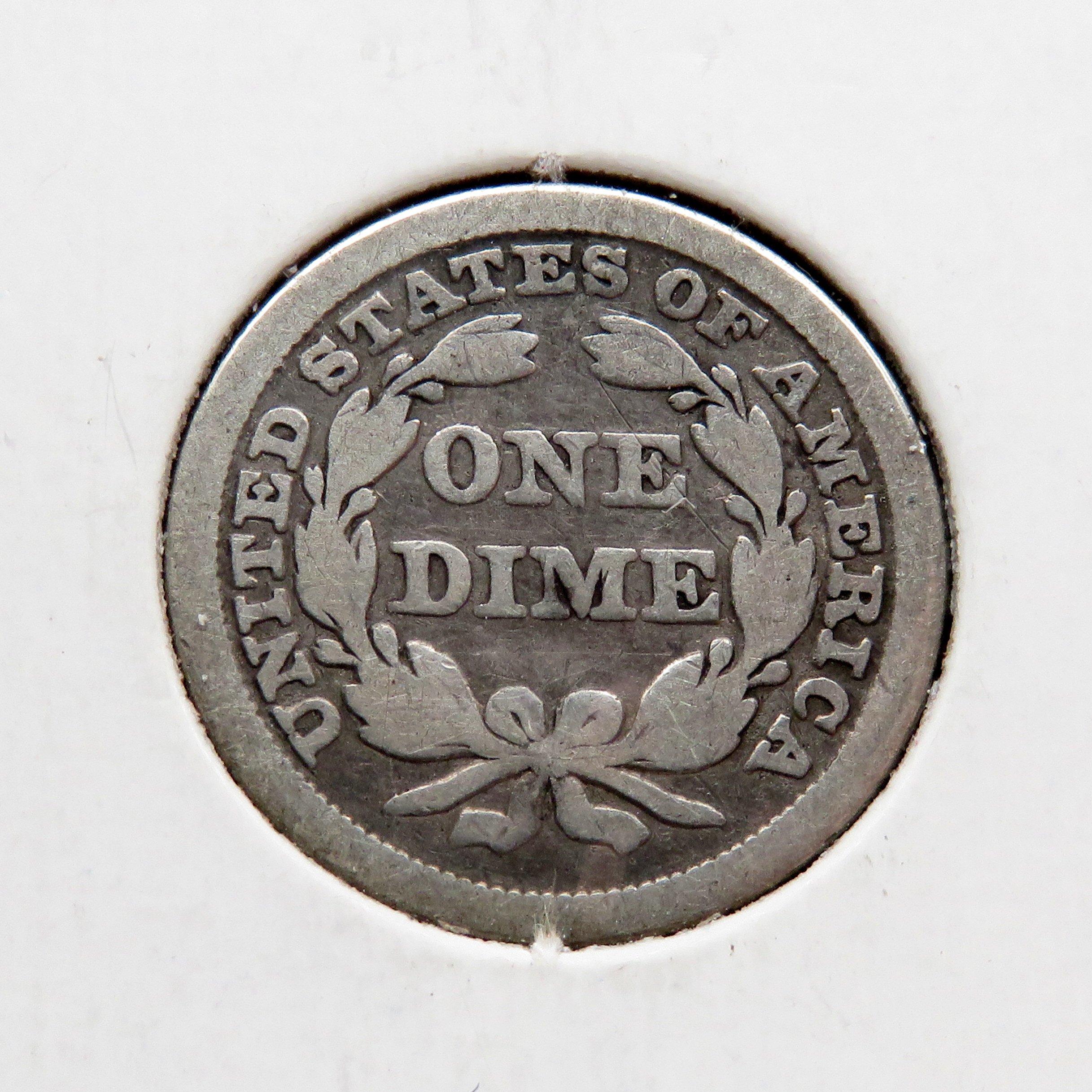 5 Varieties Seated Dimes: 1848 Var 2 G dings, 1852 Var 2 G, 1854 AR Var 3 G obv scr, ?glue residue,