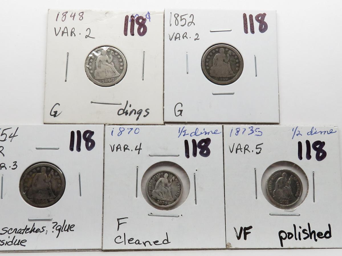 5 Varieties Seated Dimes: 1848 Var 2 G dings, 1852 Var 2 G, 1854 AR Var 3 G obv scr, ?glue residue,