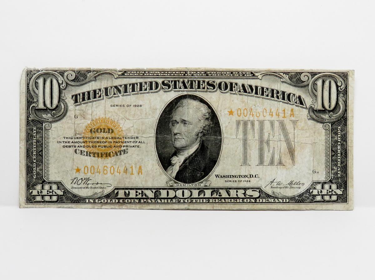 $10 Gold Certificate 1928 STAR, SN *00480441A, F rough edge