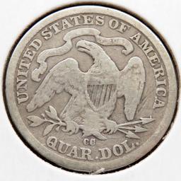 3 Seated Liberty Quarters: 1876CC VG cle, 1877CC F scr cle, 1878CC VG cle