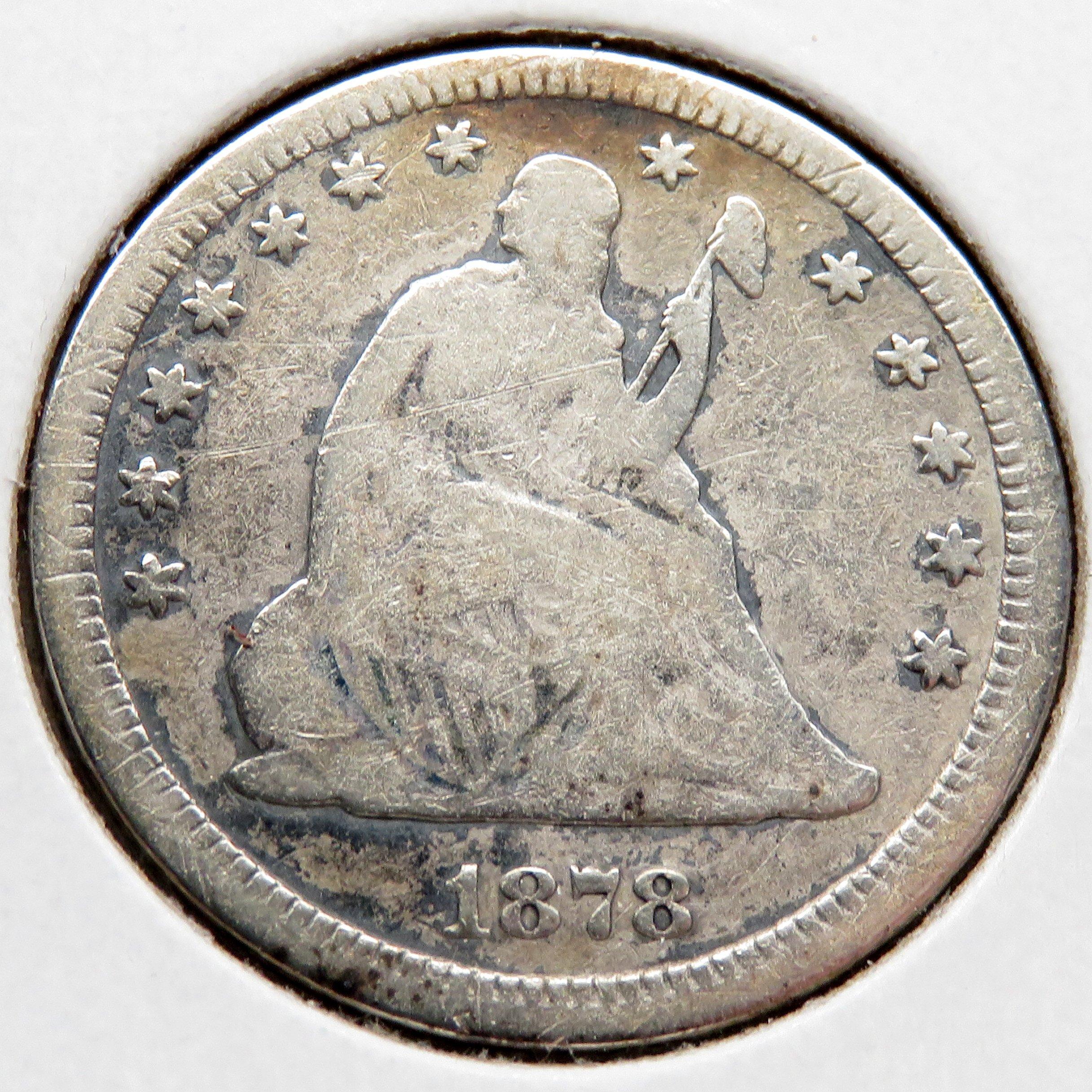 3 Seated Liberty Quarters: 1876CC VG cle, 1877CC F scr cle, 1878CC VG cle