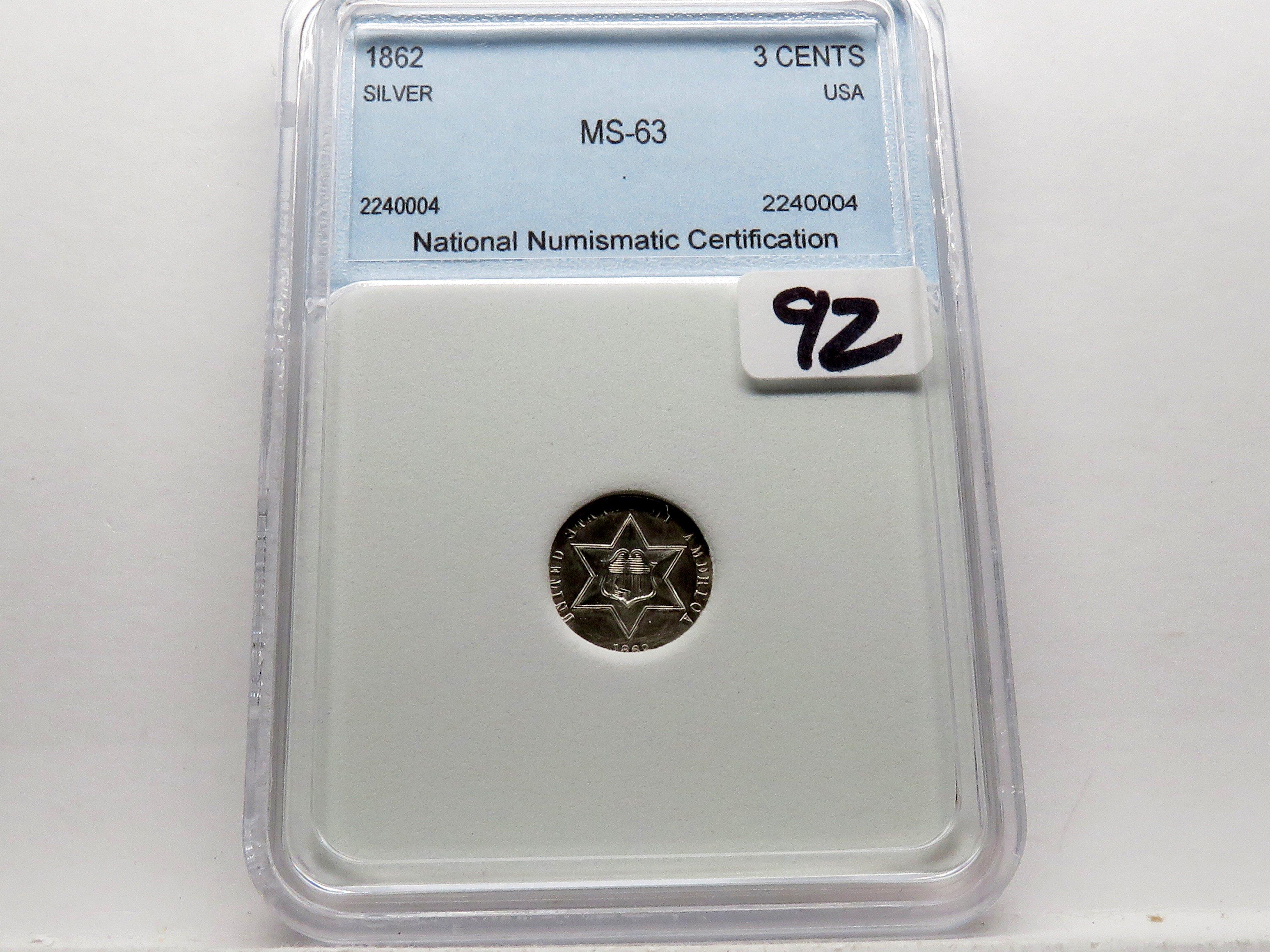 Three Cent 1862 Silver NNC Mint State