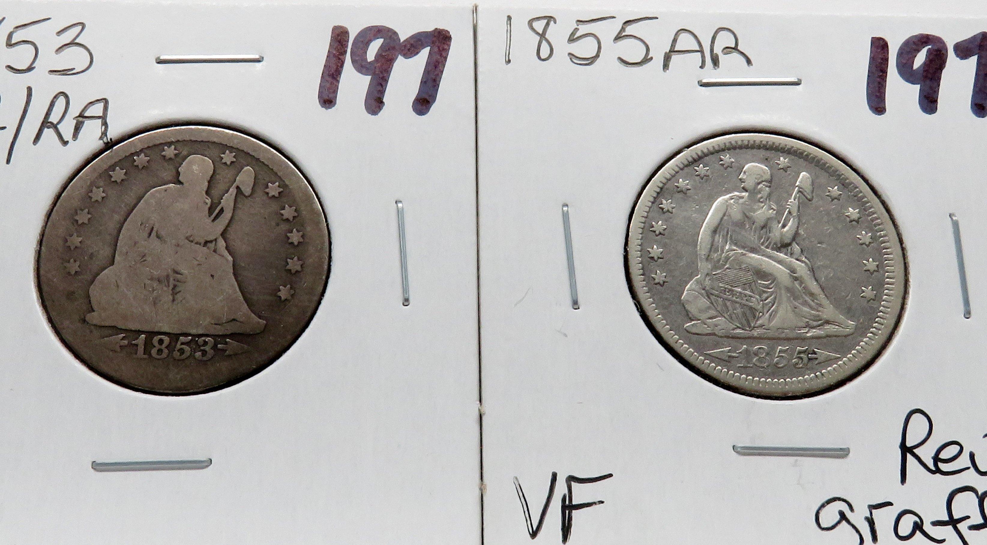 2 Seated Liberty Quarters: 1853 AR/RA AG, 1855 AR VF rev graffiti