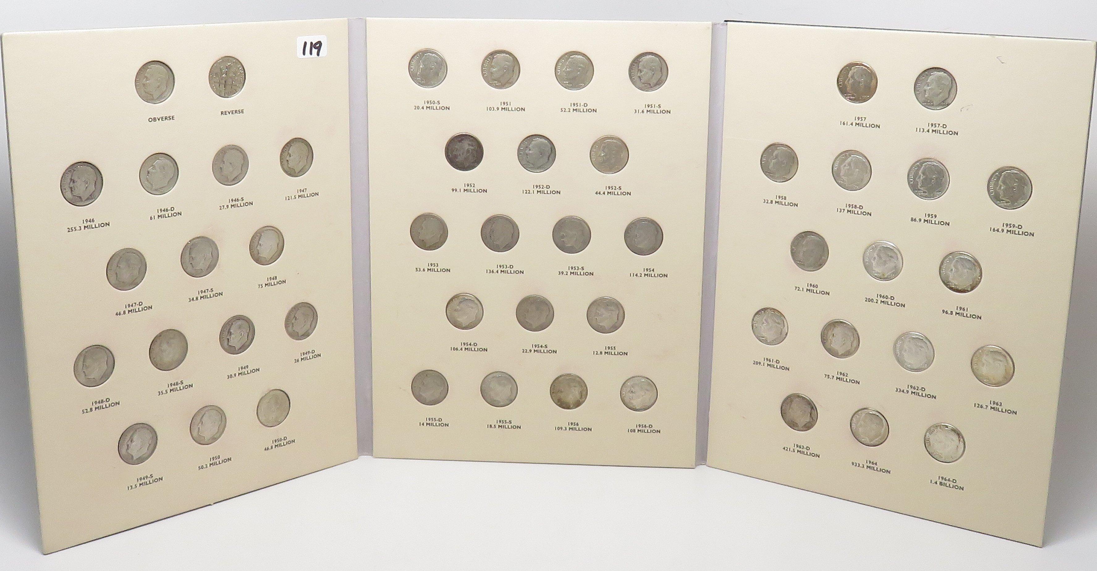Roosevelt Dime Littleton Album 1946 to 1964 (Average Circulated) 50 Coins (Dates & mint marks not ch