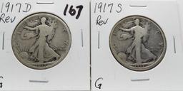 2 Walking Liberty Half $ 1917-D reverse Good & 1917-S reverse Good