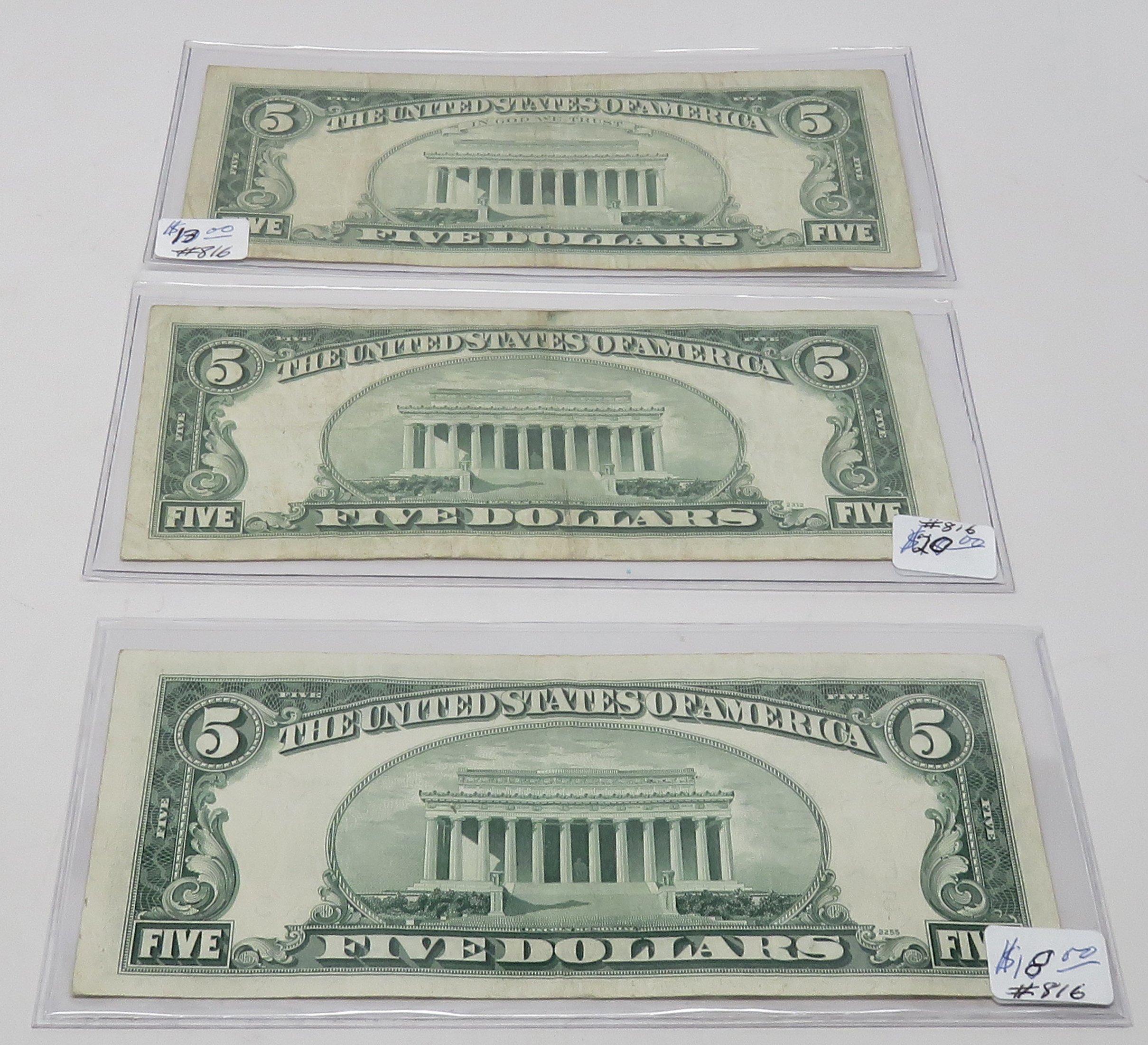 3-$5 Notes: USN 1963 F; 2-FRN 1950A VF, 1950B VF