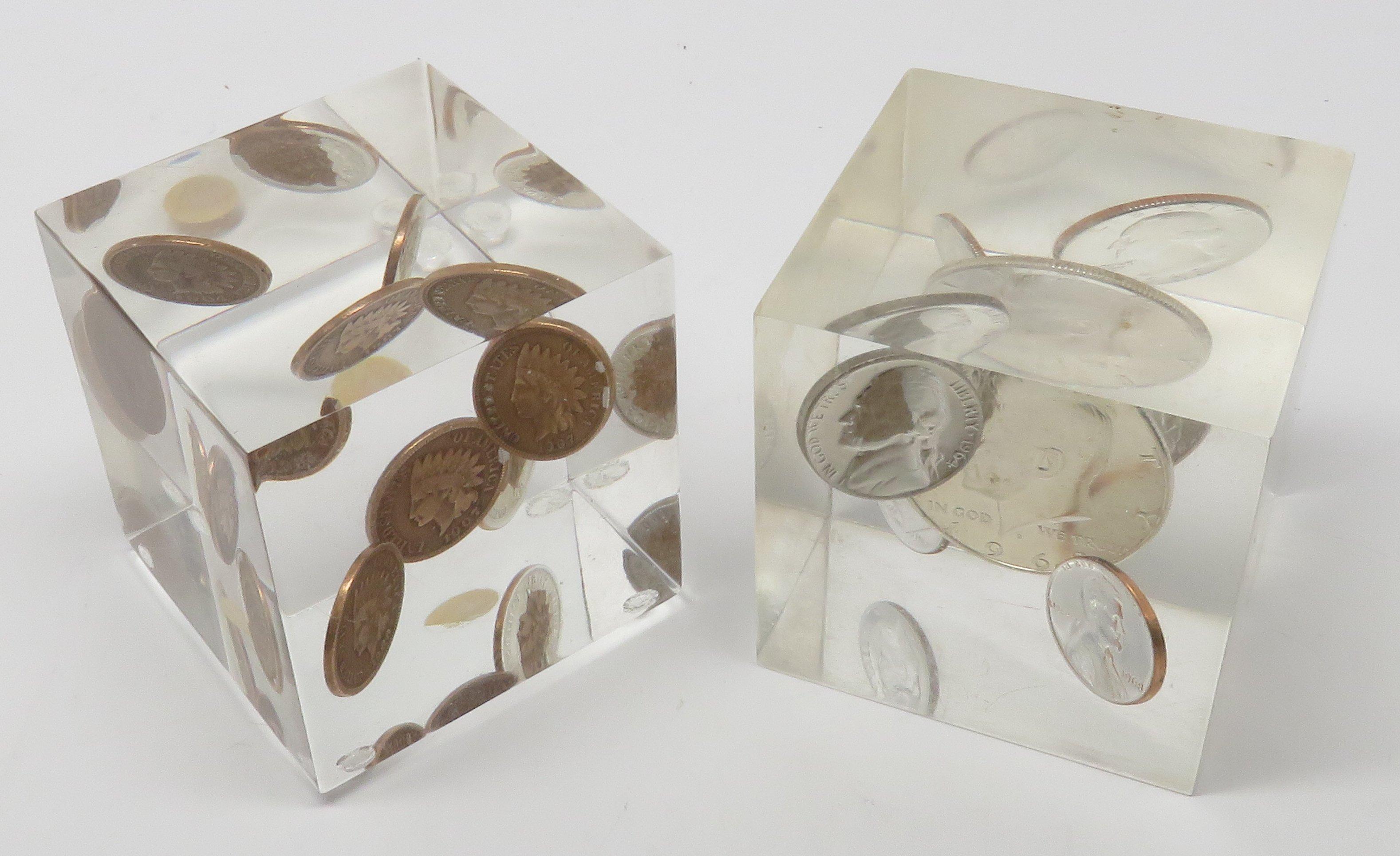 2 Paper weights with coins encased (5 Indian cents & 50; 25; 10; 5; 1)  2"X 2"