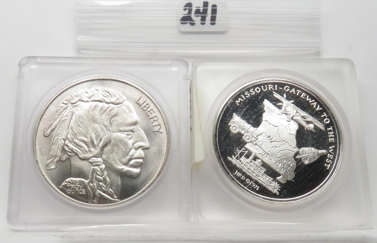 2-1 oz .999 Silver Rounds: 1971 Missouri Sesquicentennial in holder;  Indian/Buffalo