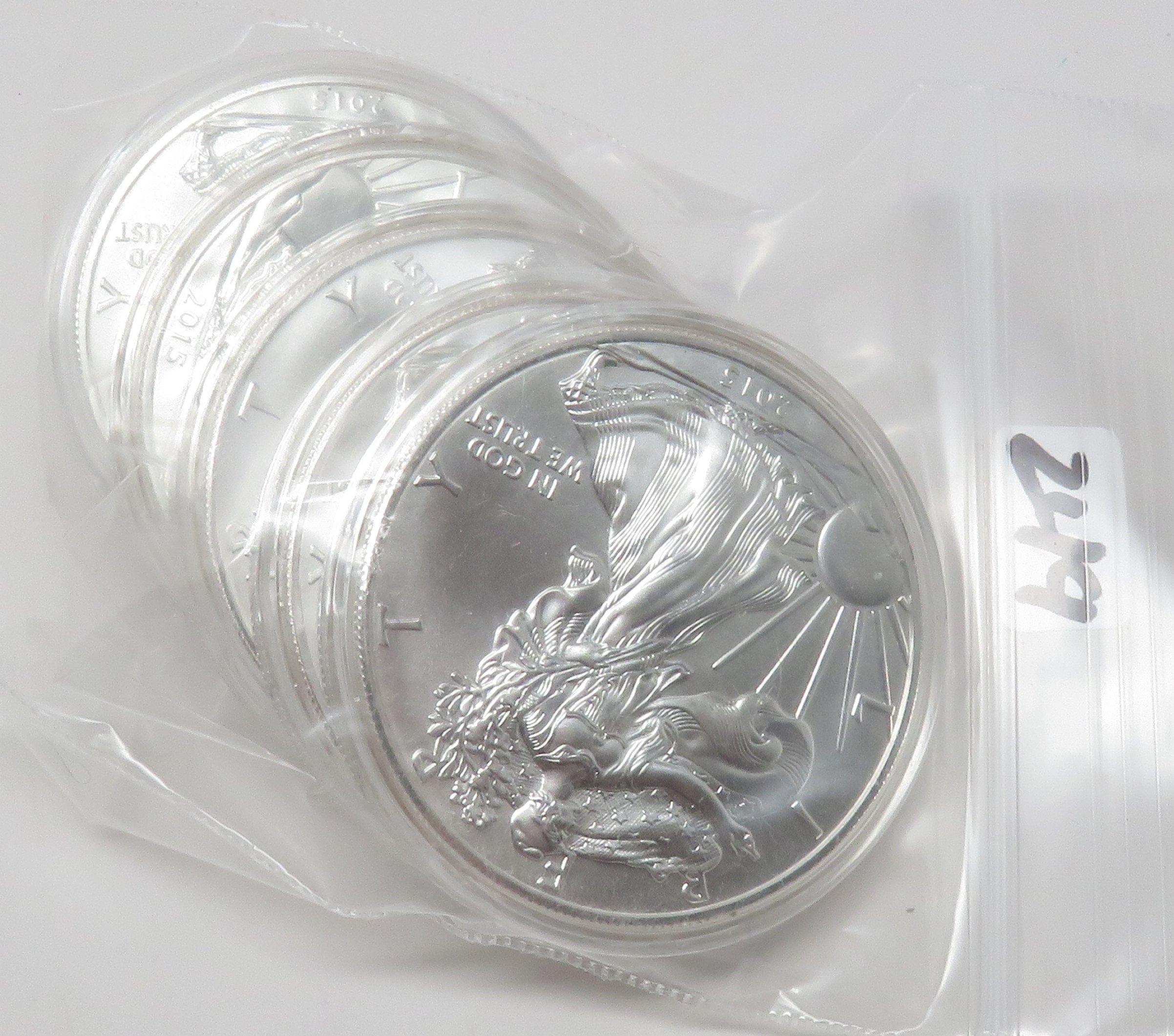 5 American Silver Eagles 2015 BU in capsules