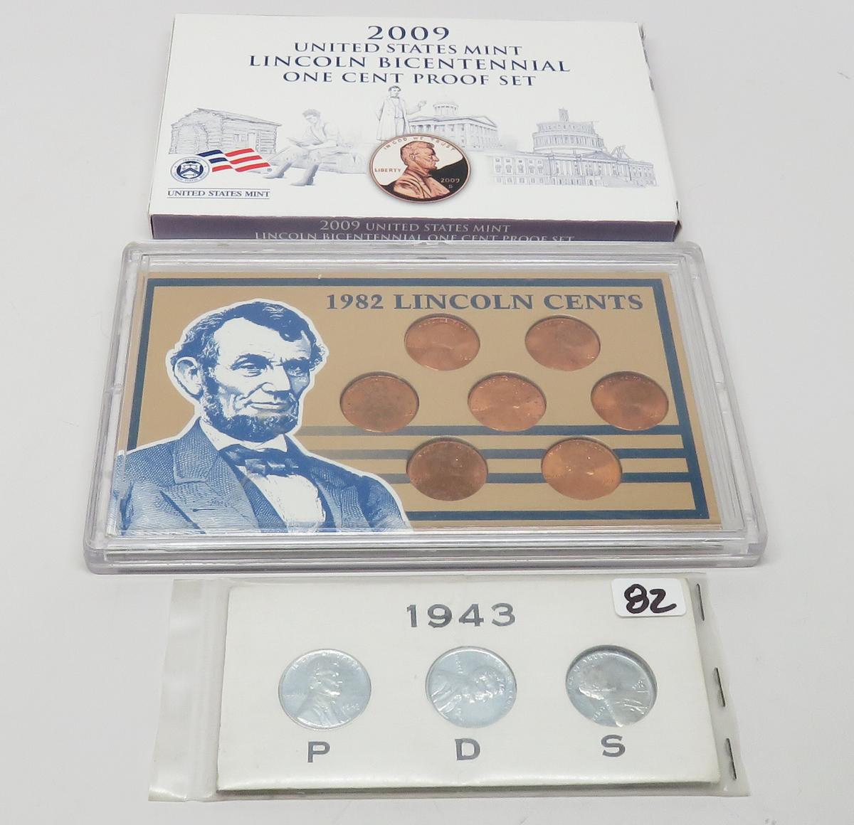 Cent Mix, 1943 Steel set; 1982 7 coin set; 2009 Bicentennial Proof set