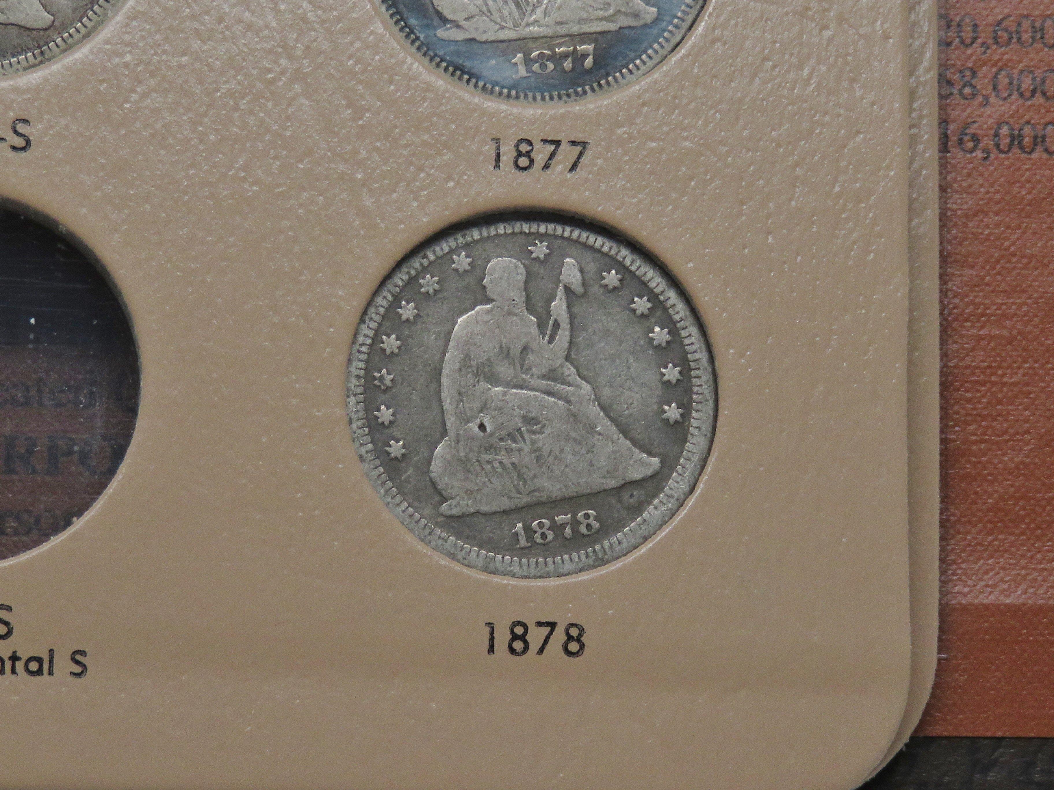 Dansco Seated Liberty Quarter Album, 6 Coins: 1873 AR VG, 75 VG, 76 VG, 76S VG, 77 F, 77S VF obv gra