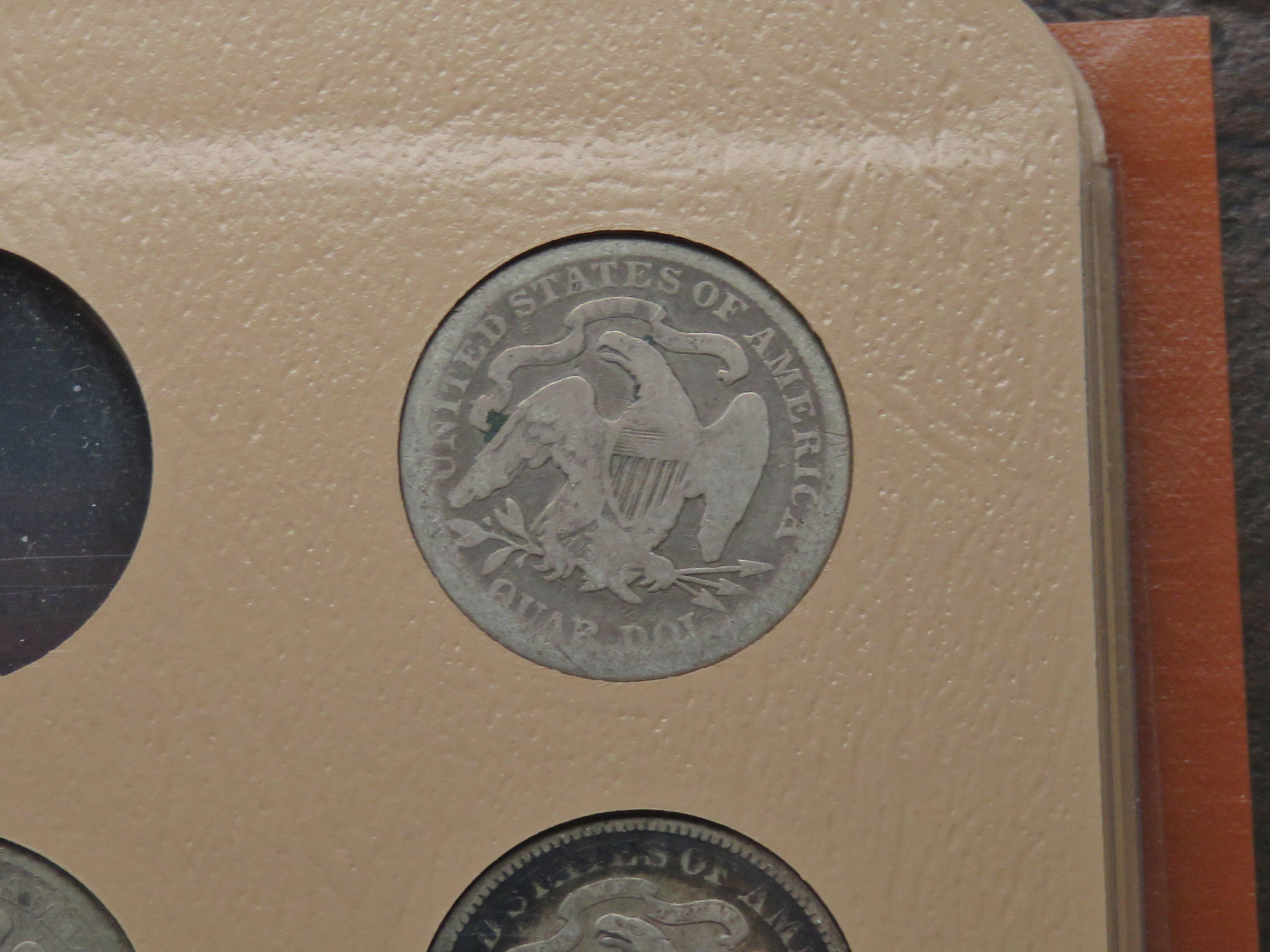 Dansco Seated Liberty Quarter Album, 6 Coins: 1873 AR VG, 75 VG, 76 VG, 76S VG, 77 F, 77S VF obv gra