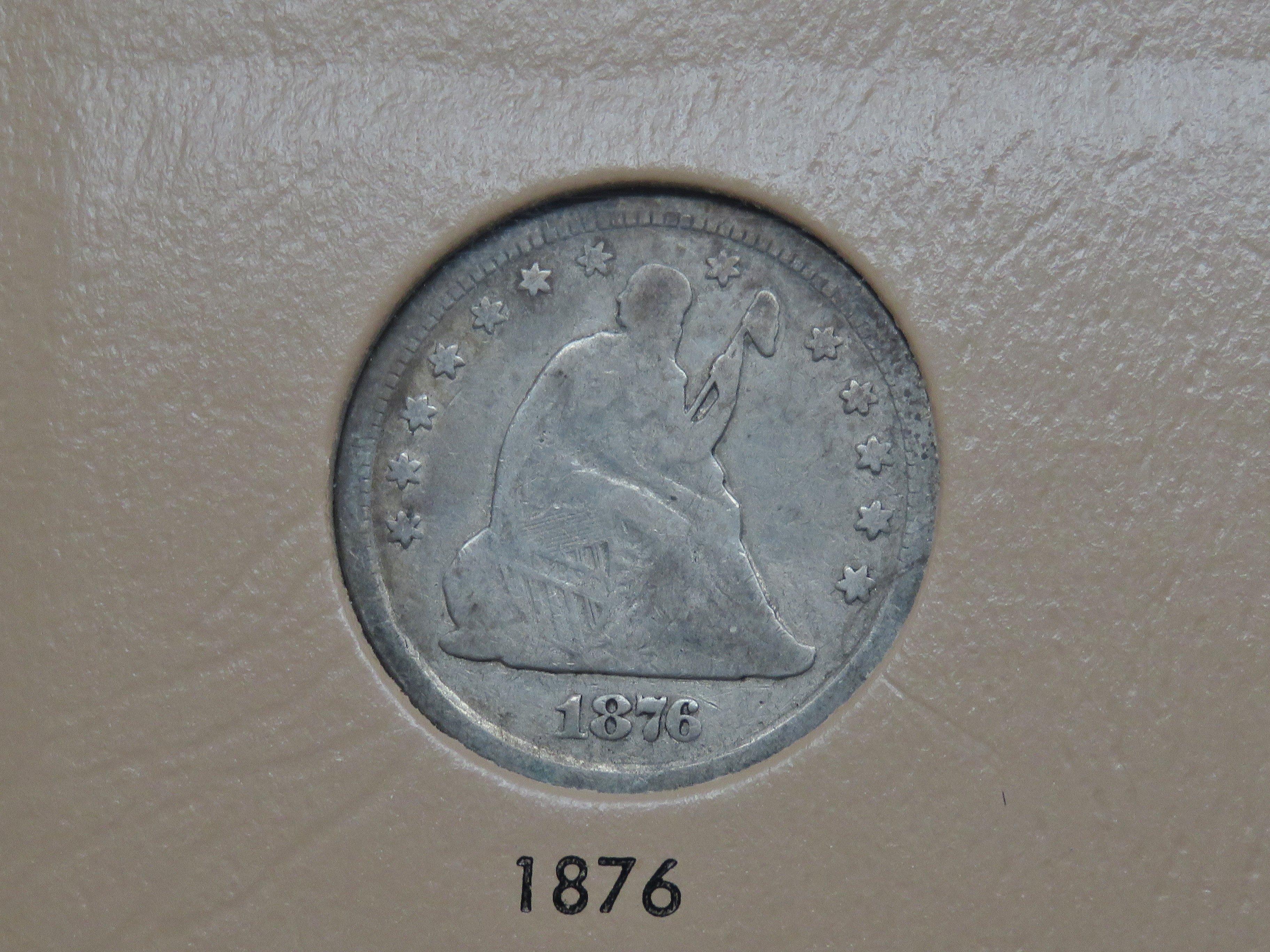 Dansco Seated Liberty Quarter Album, 6 Coins: 1873 AR VG, 75 VG, 76 VG, 76S VG, 77 F, 77S VF obv gra