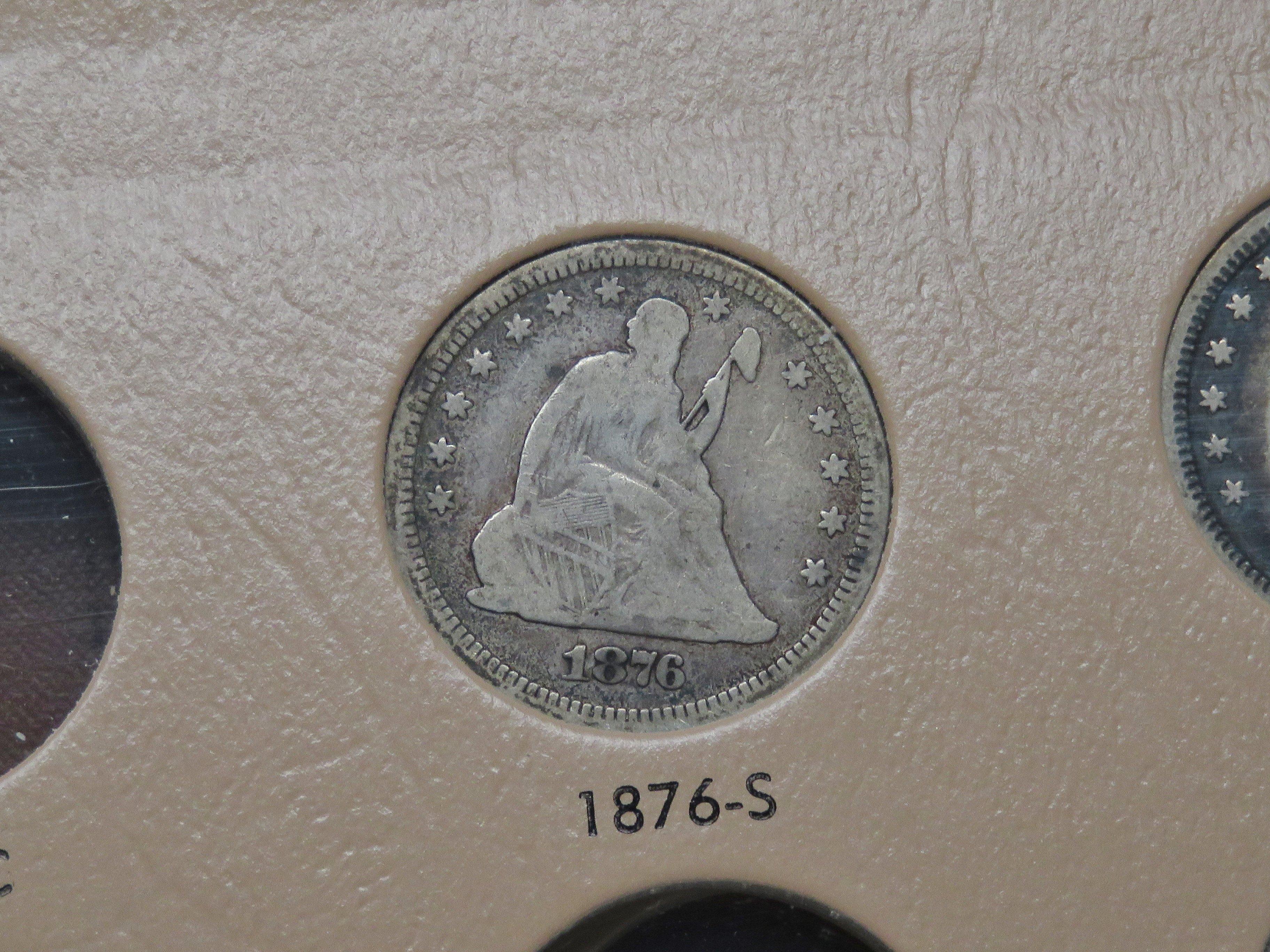 Dansco Seated Liberty Quarter Album, 6 Coins: 1873 AR VG, 75 VG, 76 VG, 76S VG, 77 F, 77S VF obv gra