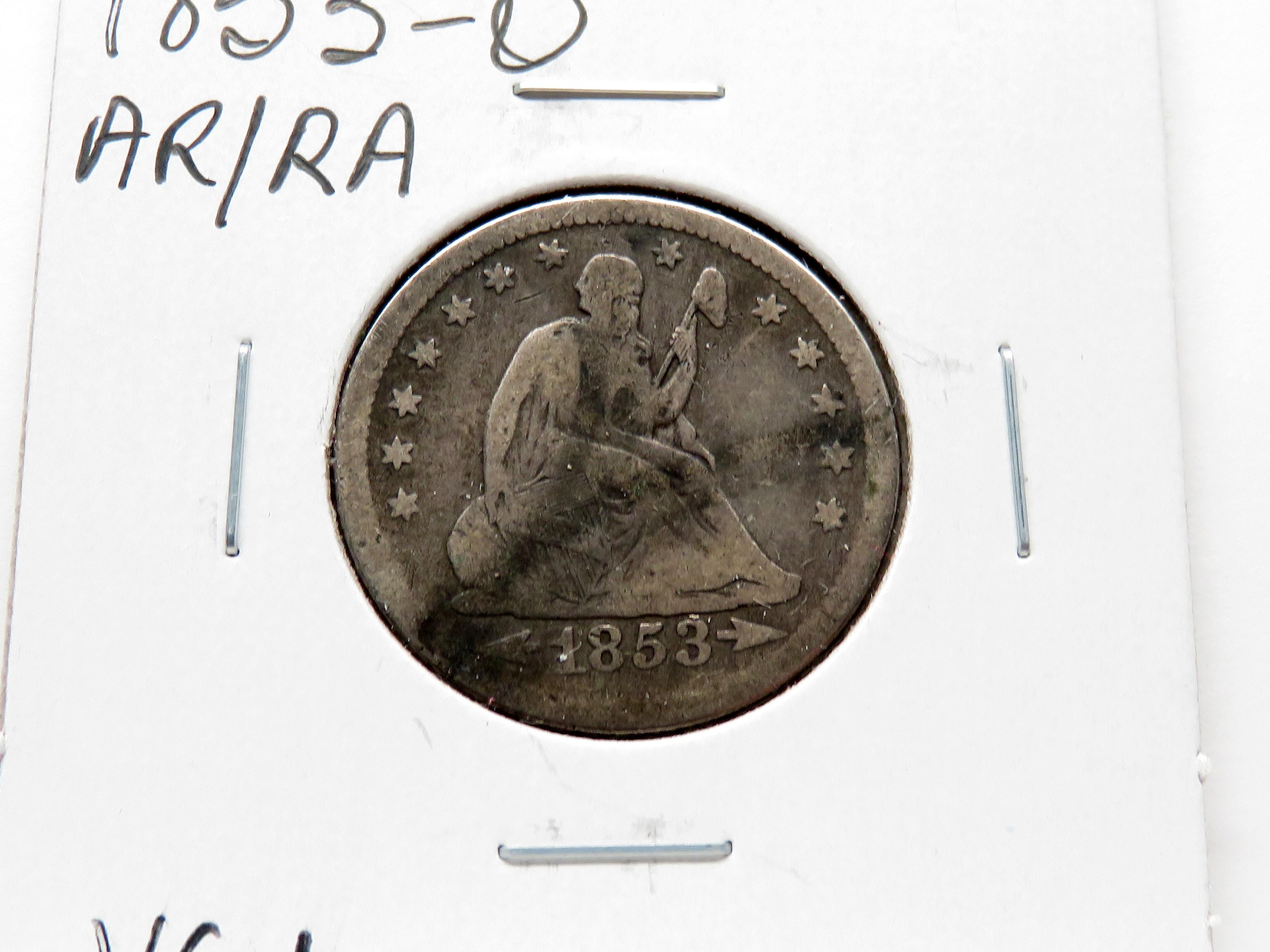 2 Seated Liberty Quarters: 1853 AR/RA AG, 1853-O VG+