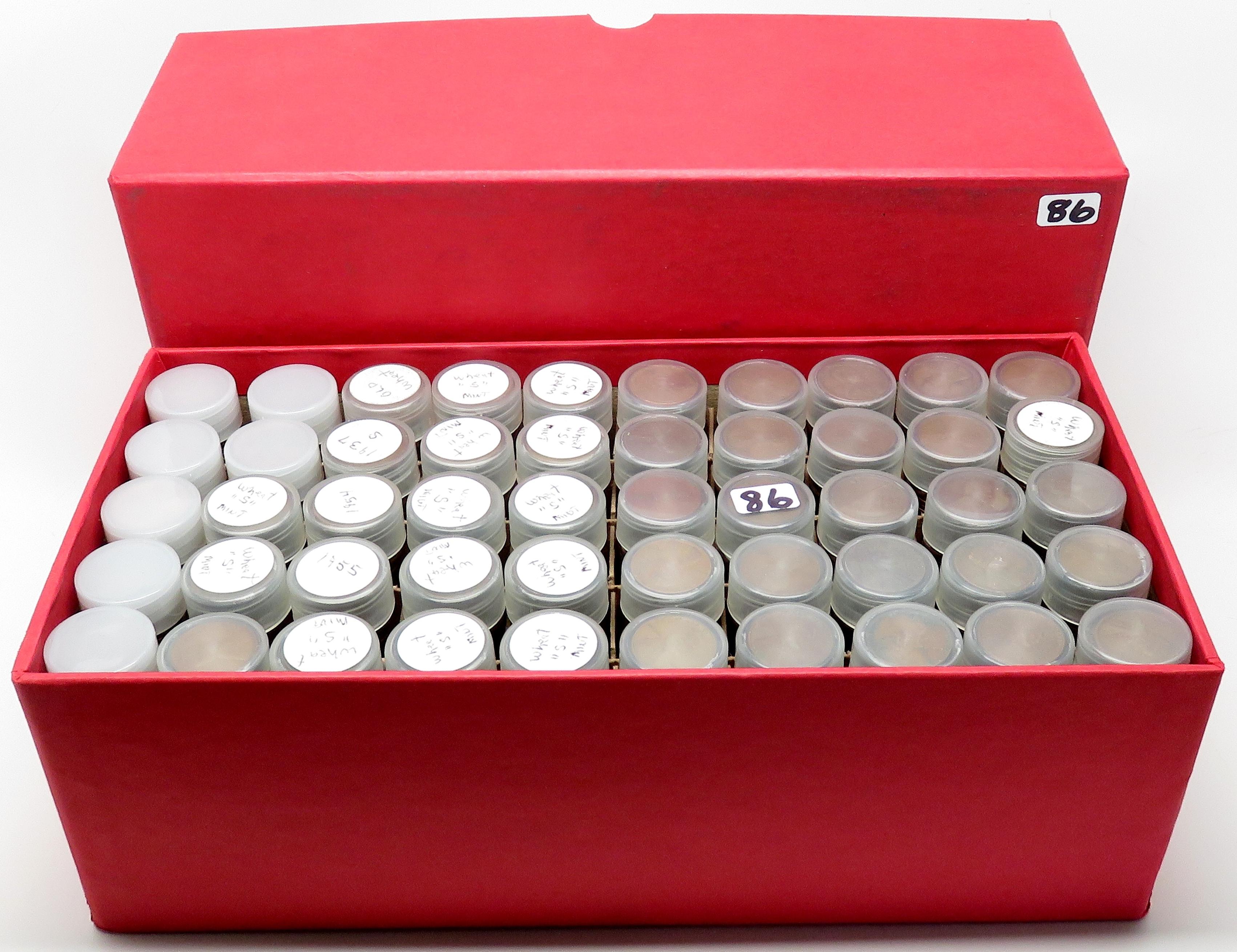 Box of 50 Tubes Lincoln Cents, assorted dates.  Unsearched by us, appear to be all Wheat. Estimated