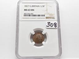 1827 Great Britain 1/3 Farthing NGC MS63 BN