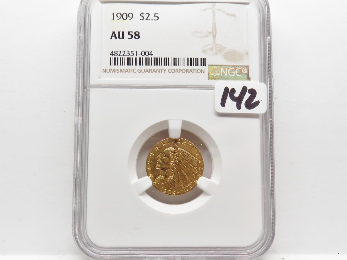 Indian Head $2 1/2 Gold 1909 NGC AU58