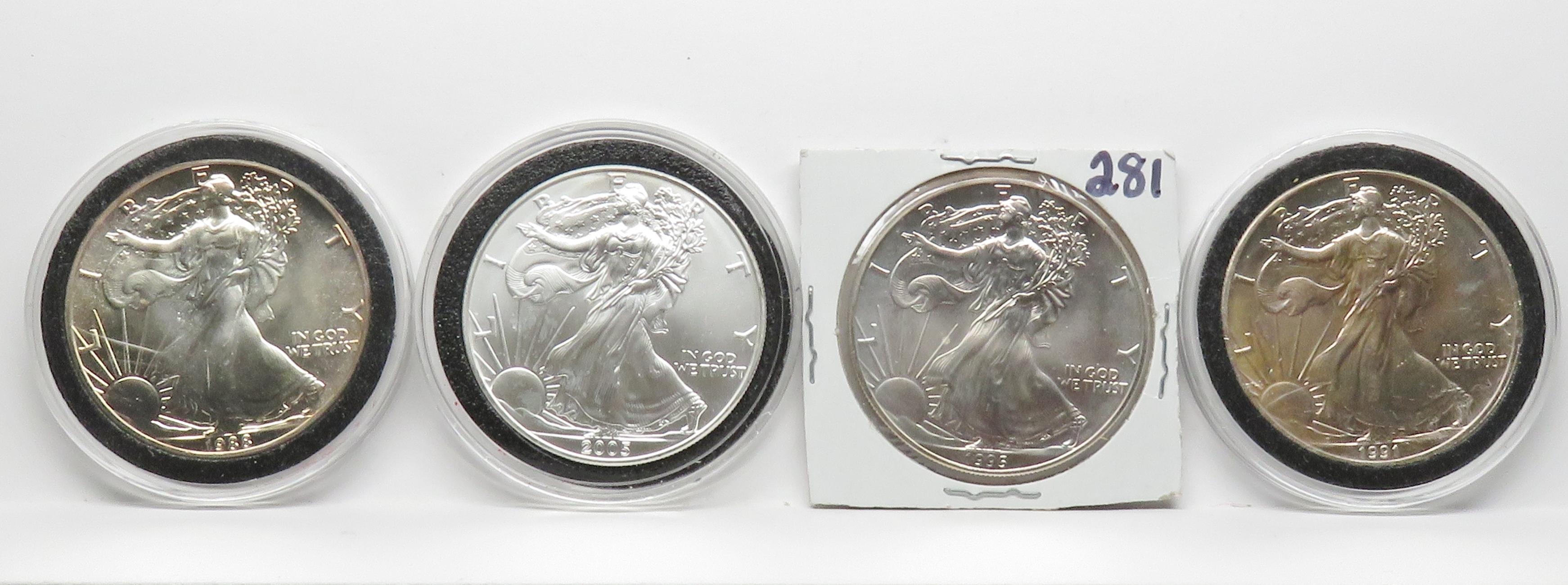 4 American Silver Eagles 1988; 91; 95; 2005 BU