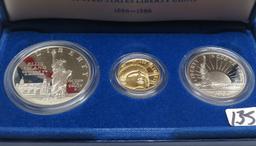 3 Coin Statue of Liberty Gold set, Silver $; Clad half $; Gold $5