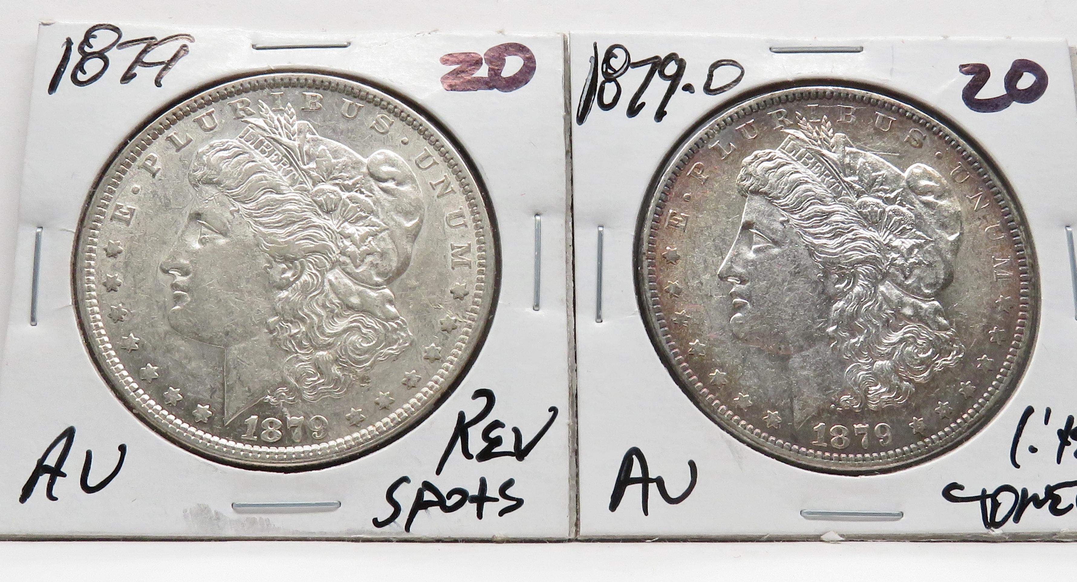 2 Morgan $ AU 1879 Rev. spots & 1879-O Litely toned