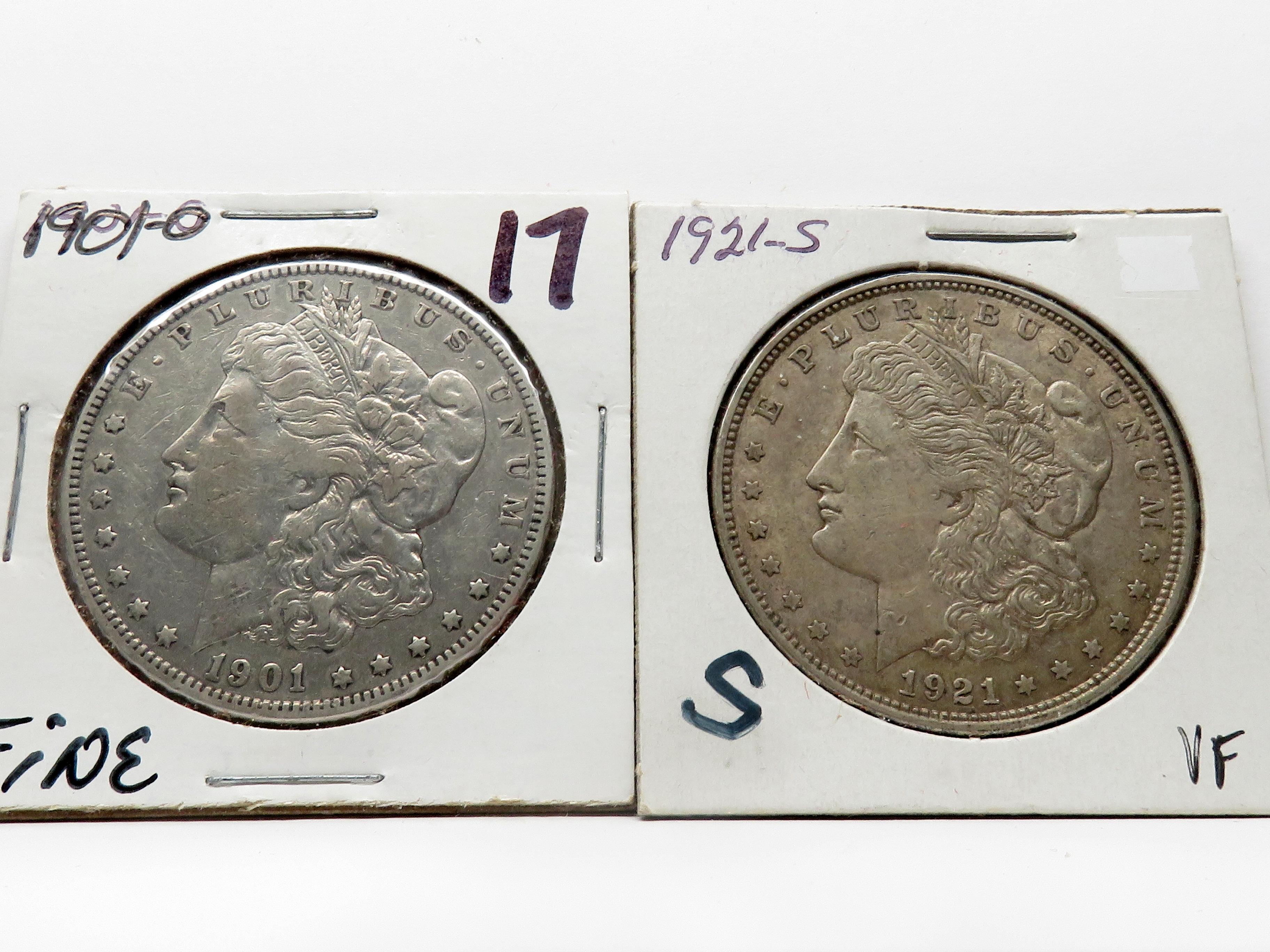 2 Morgan $: 1901-O F, 1921S VF