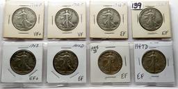 8 Walking Liberty Half $ VF-EF: 4-1942, 43, 44D, 45D, 47D