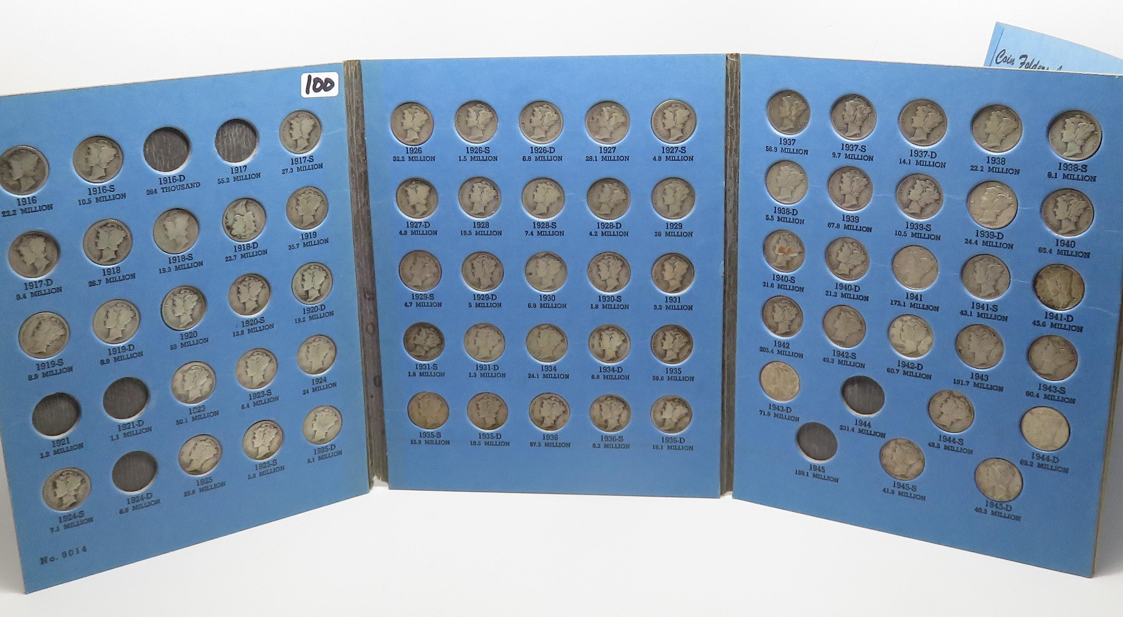 Whitman Mercury Dime Album, 1916-45D, 70 Coins, No keys, dt/mm unchecked