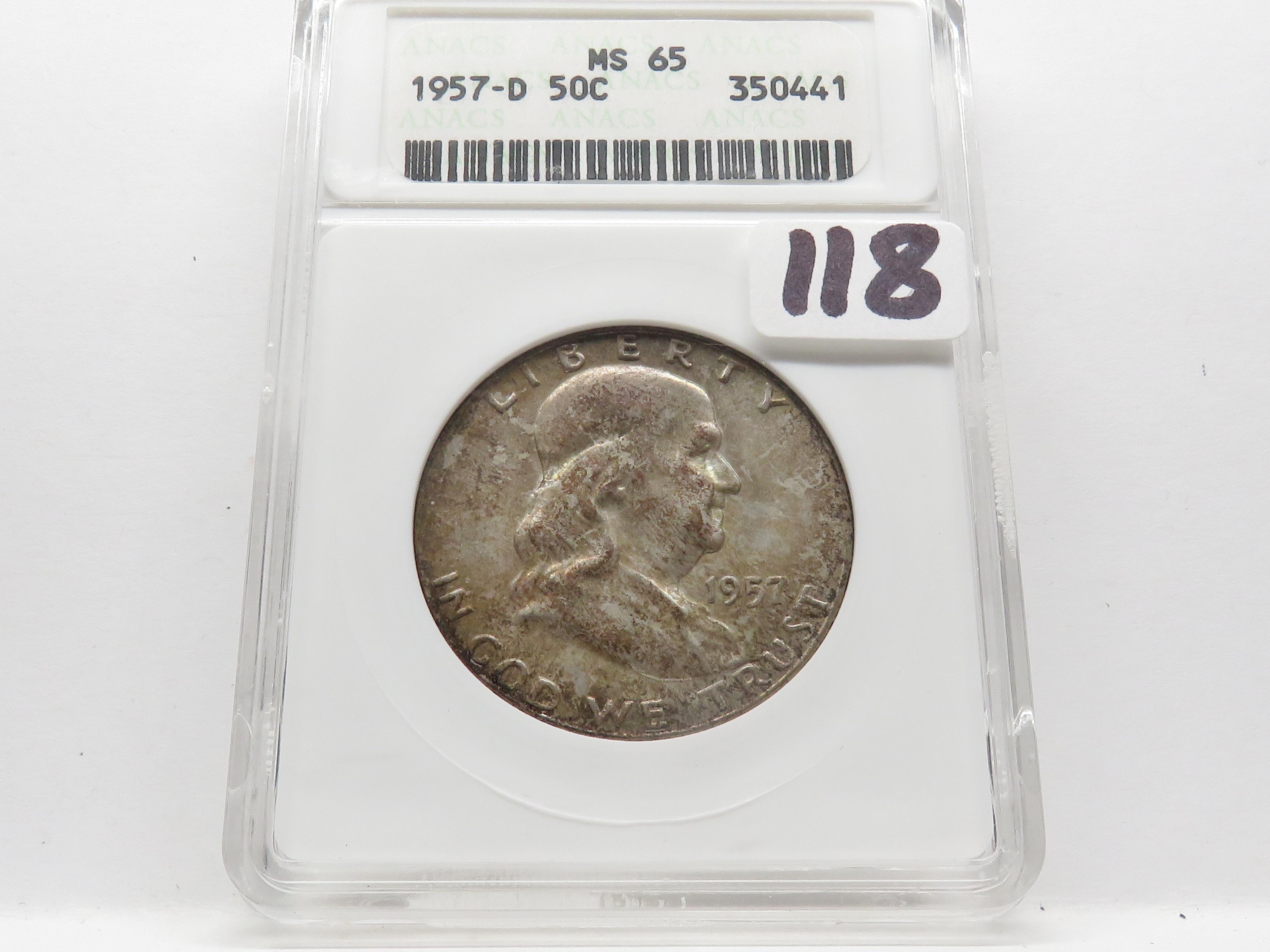 Franklin Half $ 1957D ANACS MS65, old holder