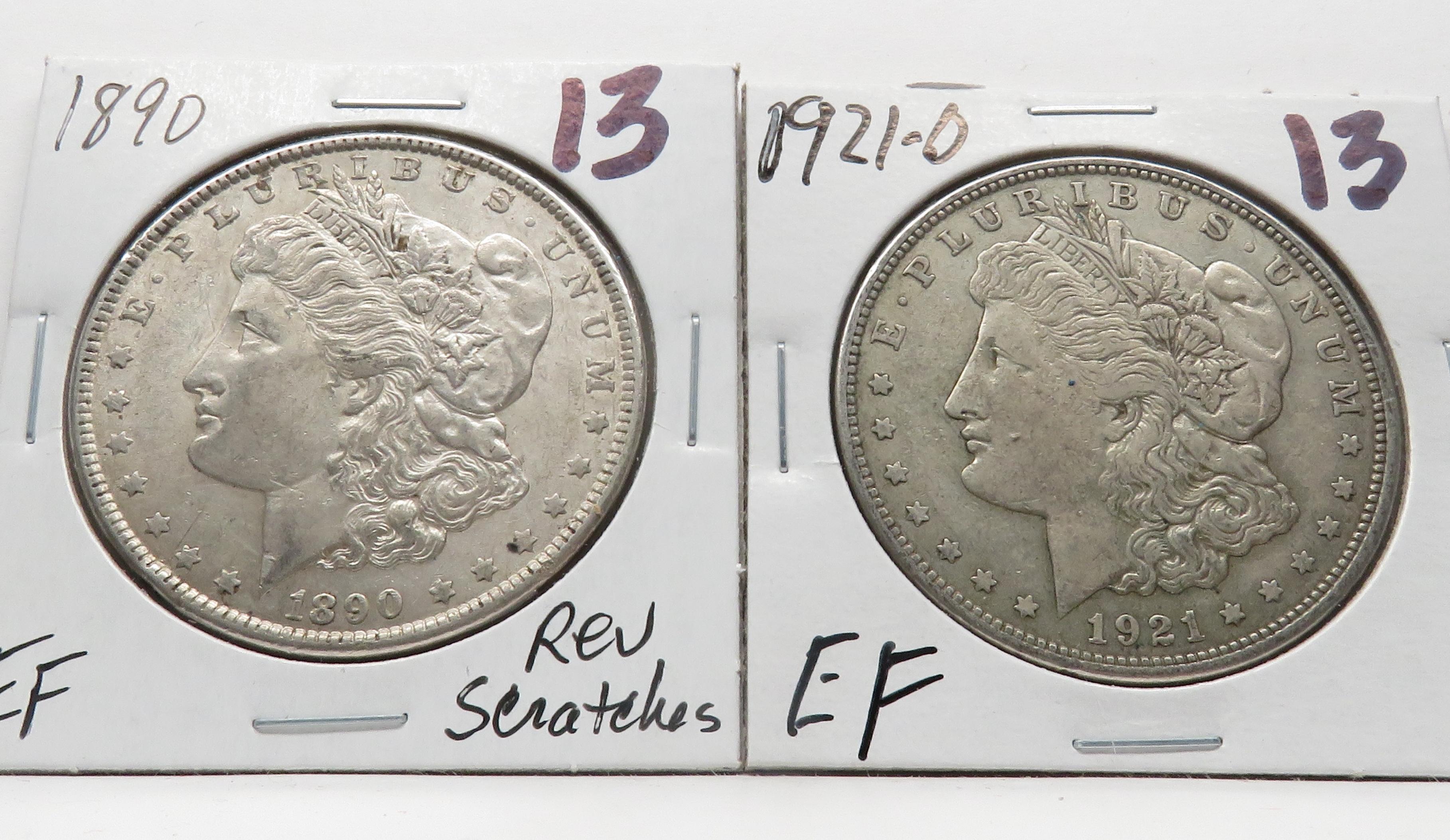 2 Morgan $: 1890 EF rev scrs, 1921D EF