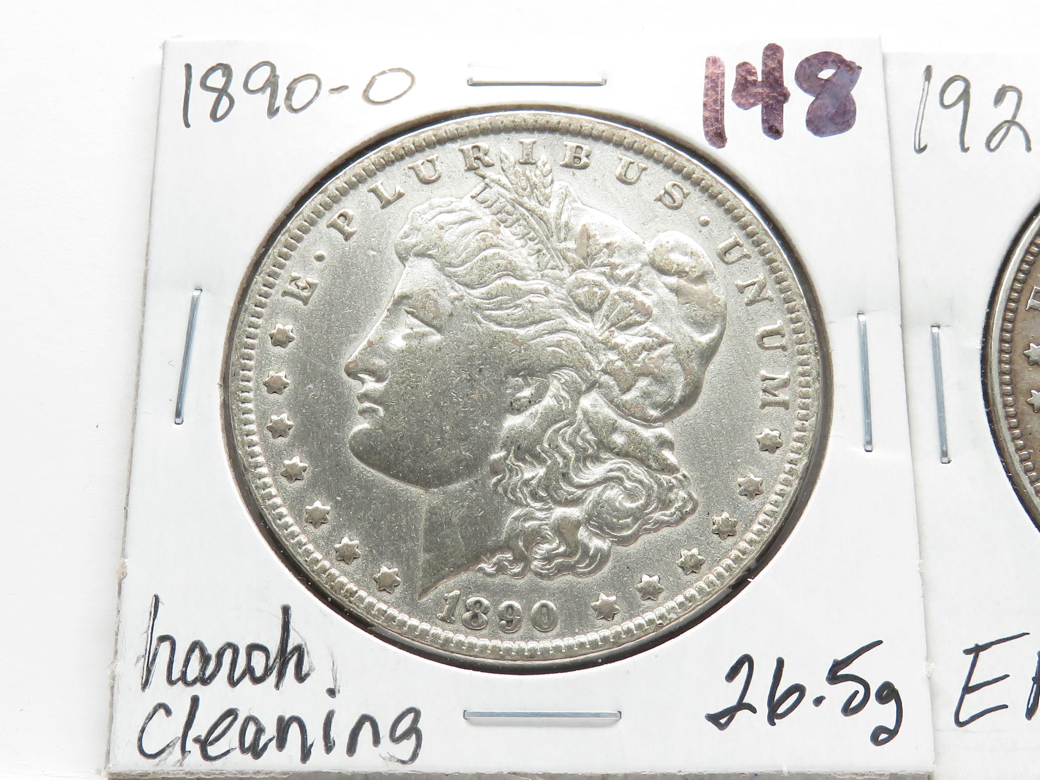 3 Morgan $: 1890-O harshly cleaned, 1921 EF polished, 1921D EF