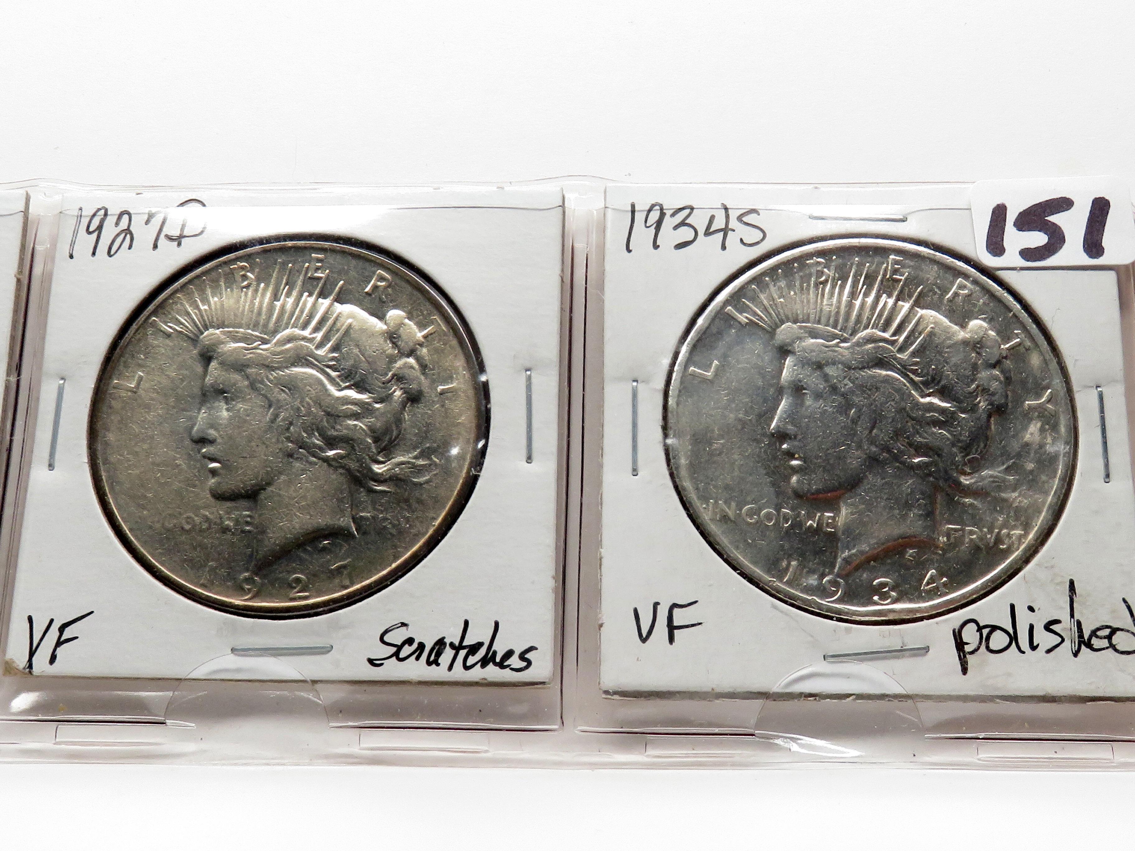 4 Peace $: 1922S harshly cleaned, 1926S VF, 1927D VF scrs, 1934S VF polished