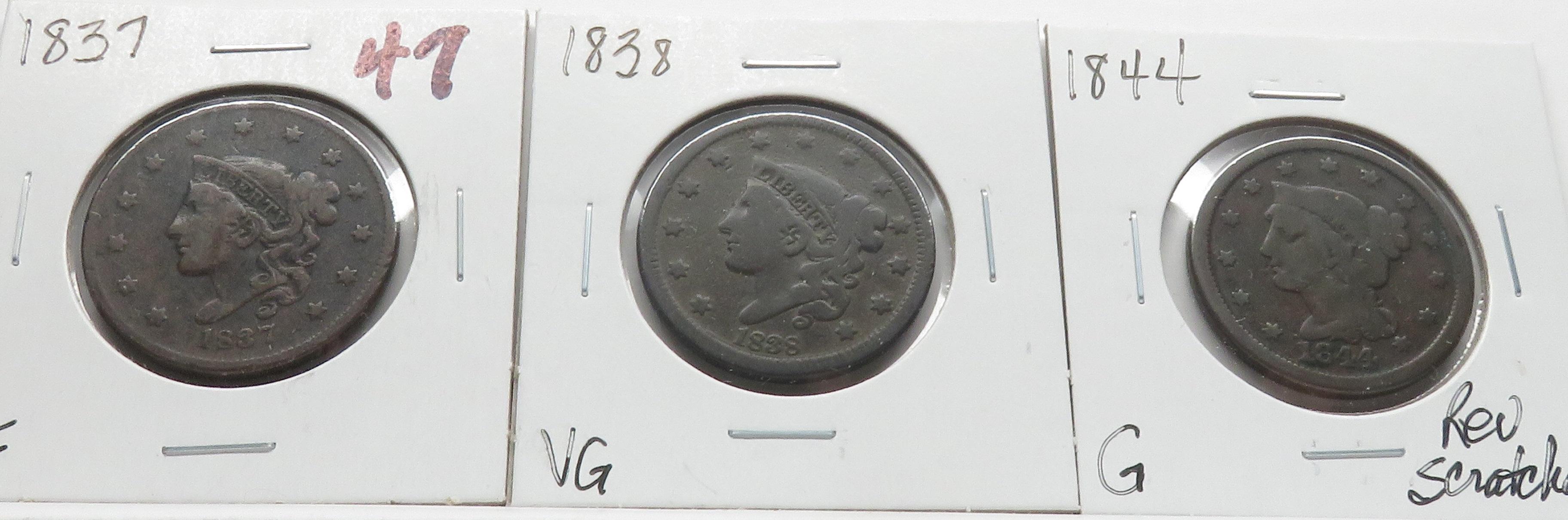 3 Large Cents: 1837 F, 1838 VG, 1844 G rev scratches