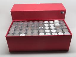 Box of 50 Tubes Lincoln Cents, assorted dates. Unsearched by us, appear to be all Wheat. Estimated t